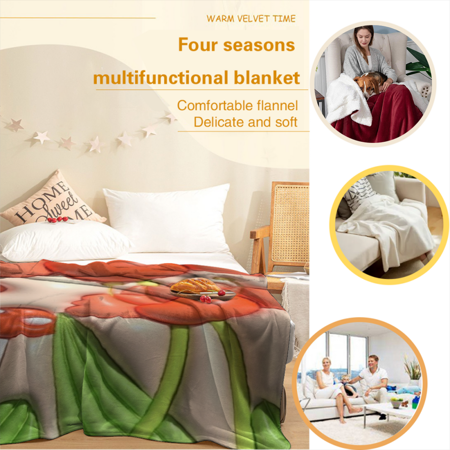 Orange Mushroom Flannel Throw Blanket ¨C Cute Woodland Mushroom and Flower Art