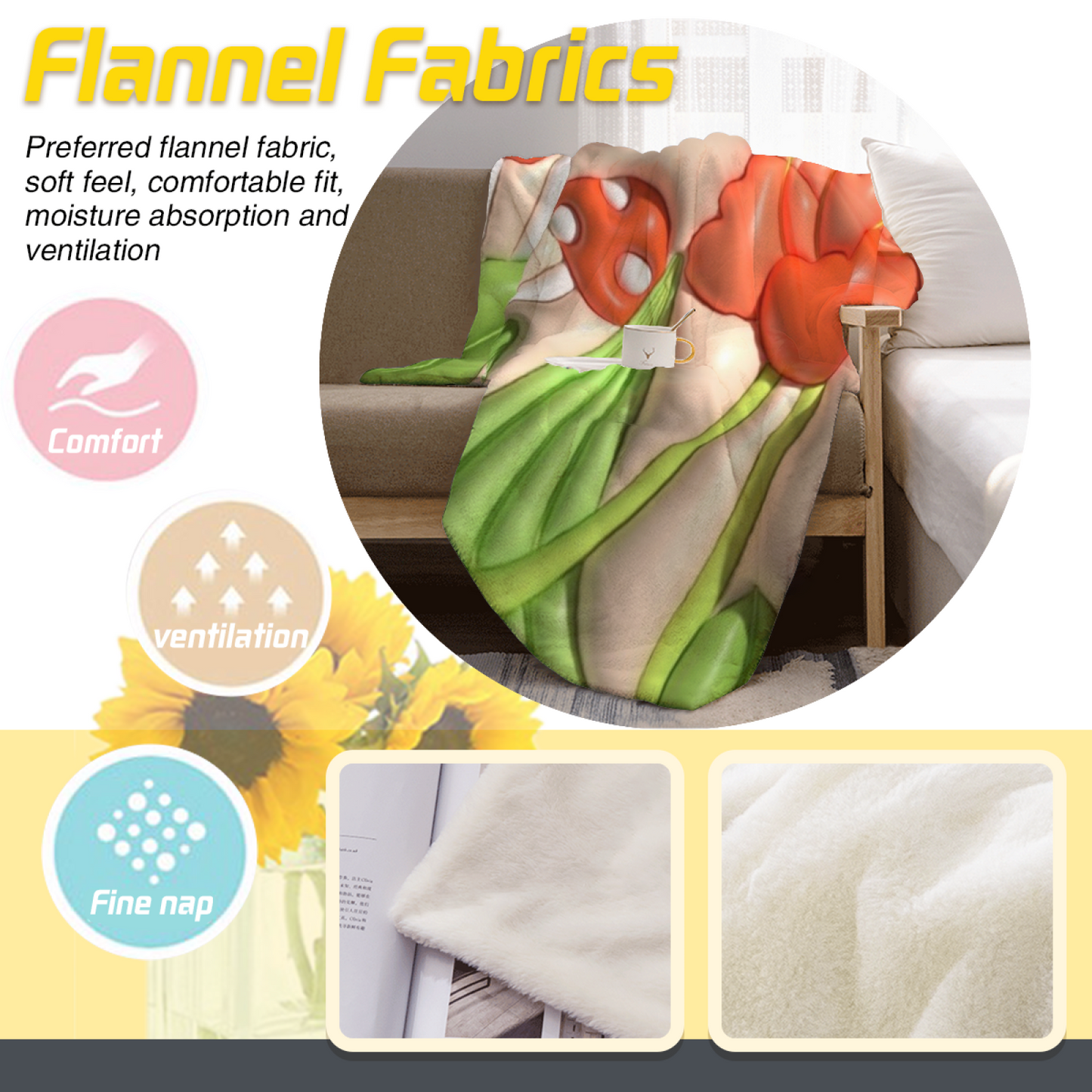 Orange Mushroom Flannel Throw Blanket ¨C Cute Woodland Mushroom and Flower Art