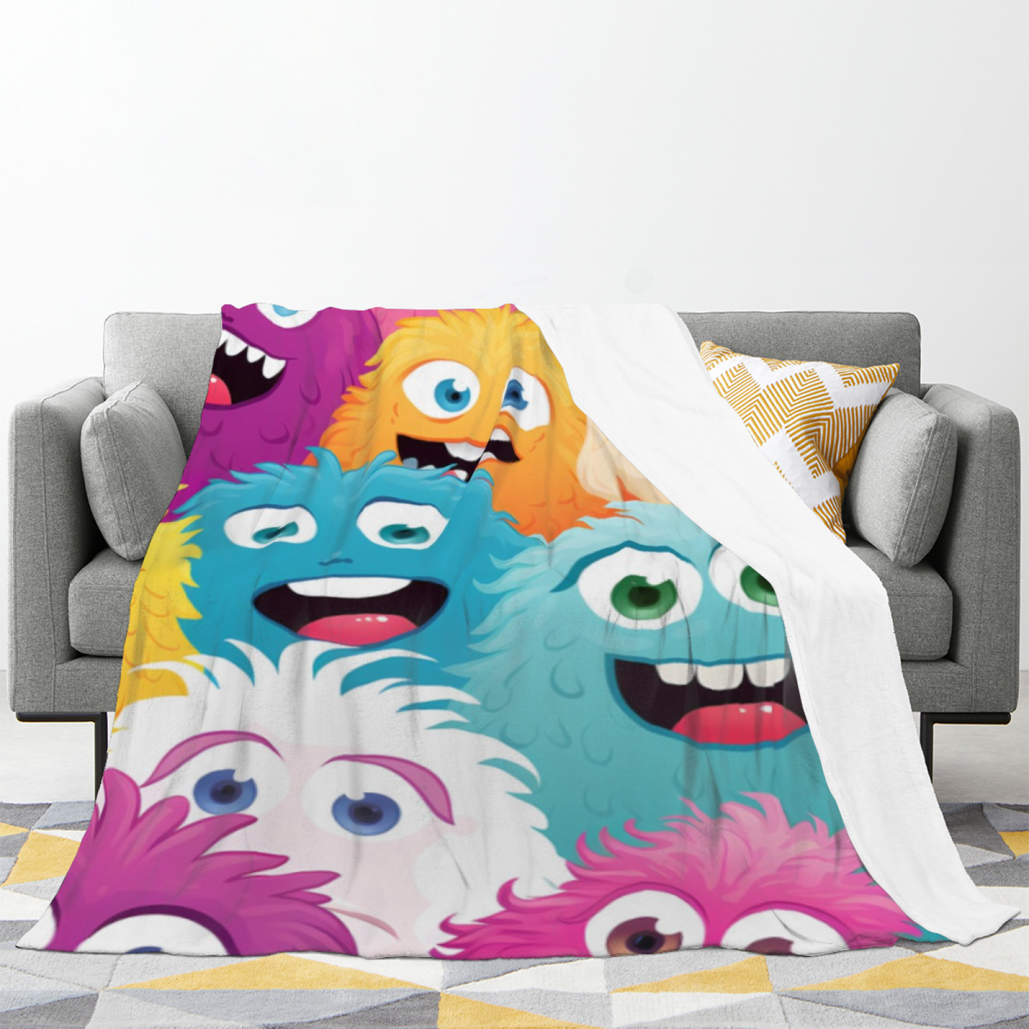 Colorful Cartoon Monsters Flannel Throw Blanket ¨C Fun and Whimsical Character Print