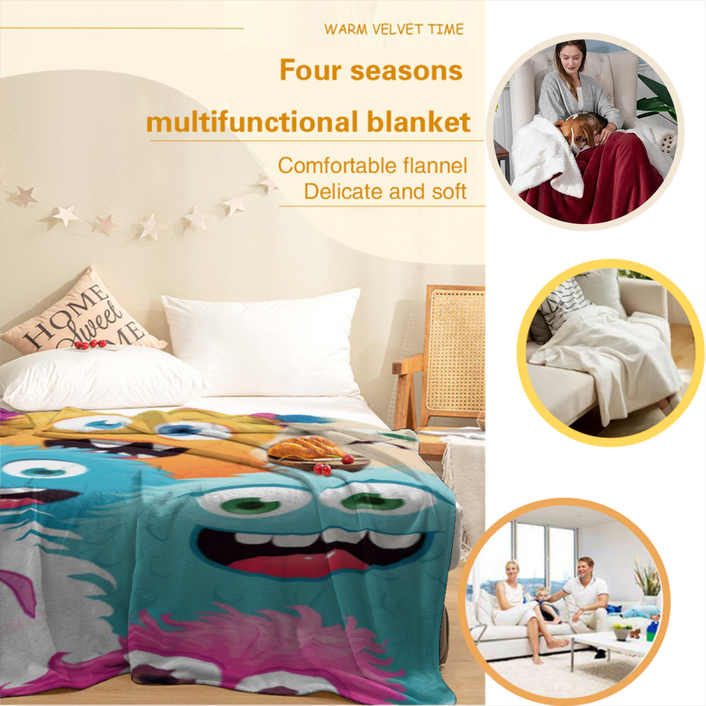 Colorful Cartoon Monsters Flannel Throw Blanket ¨C Fun and Whimsical Character Print