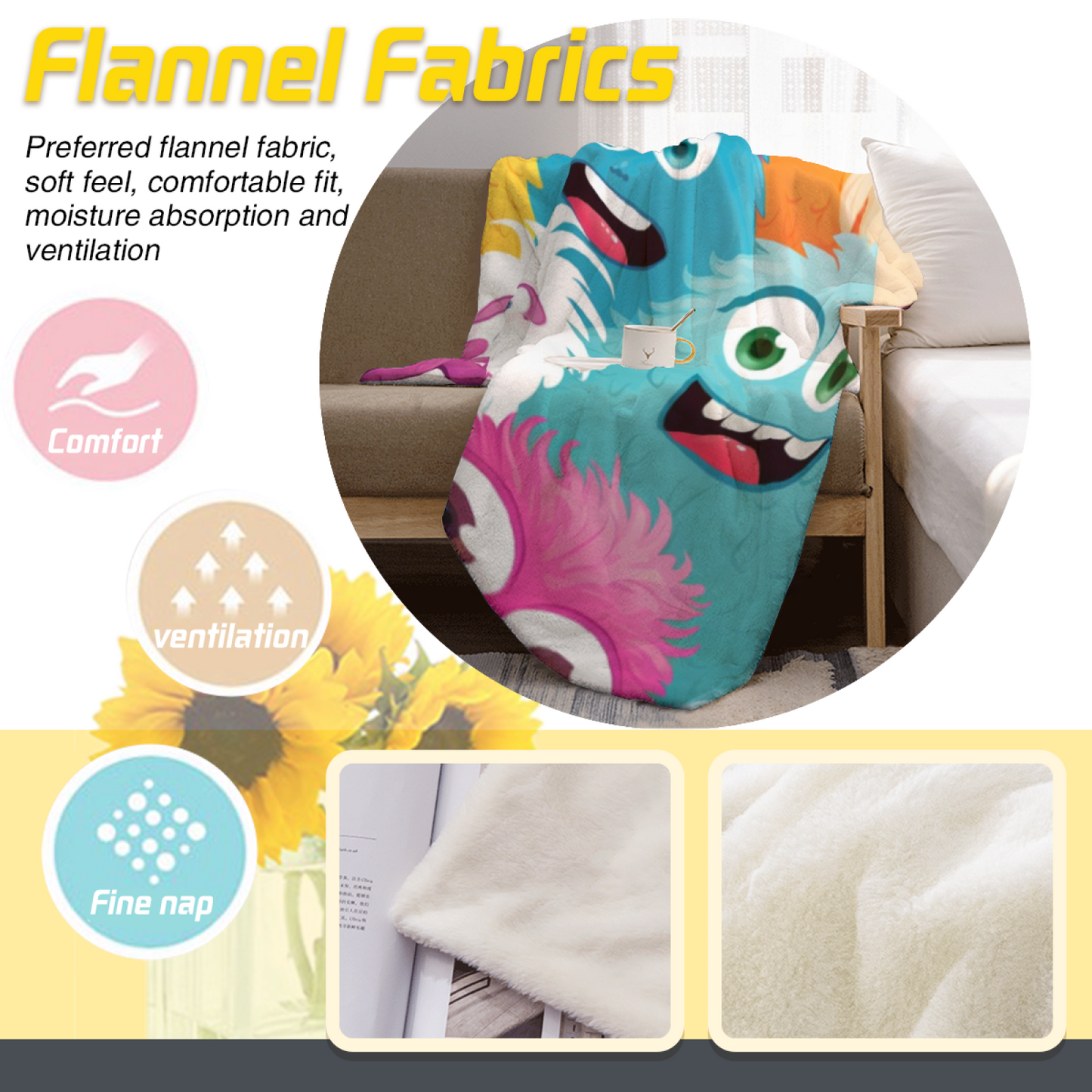 Colorful Cartoon Monsters Flannel Throw Blanket ¨C Fun and Whimsical Character Print