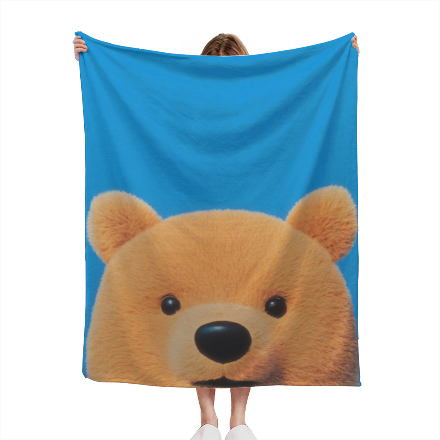 Cute Teddy Bear Flannel Throw Blanket ¨C Blue Background Cozy Cartoon Design
