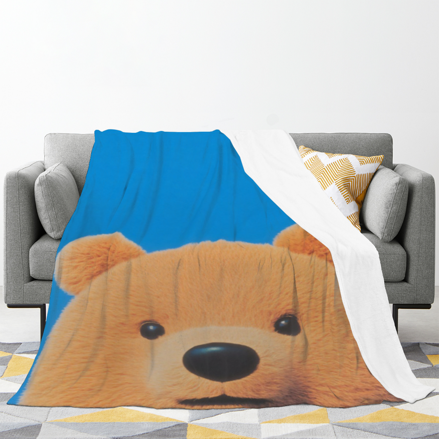 Cute Teddy Bear Flannel Throw Blanket ¨C Blue Background Cozy Cartoon Design