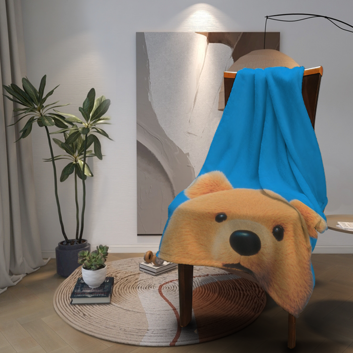 Cute Teddy Bear Flannel Throw Blanket ¨C Blue Background Cozy Cartoon Design