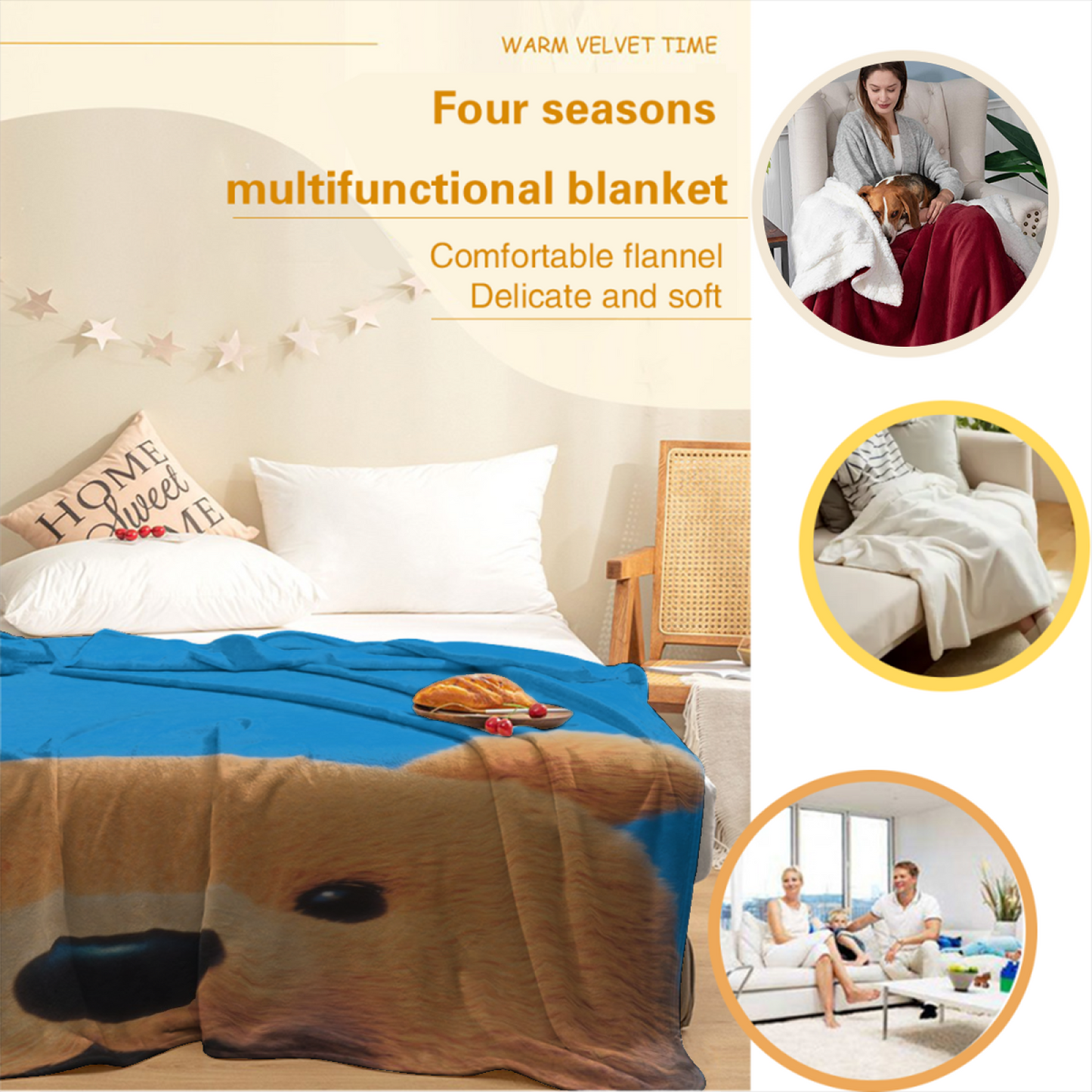 Cute Teddy Bear Flannel Throw Blanket ¨C Blue Background Cozy Cartoon Design