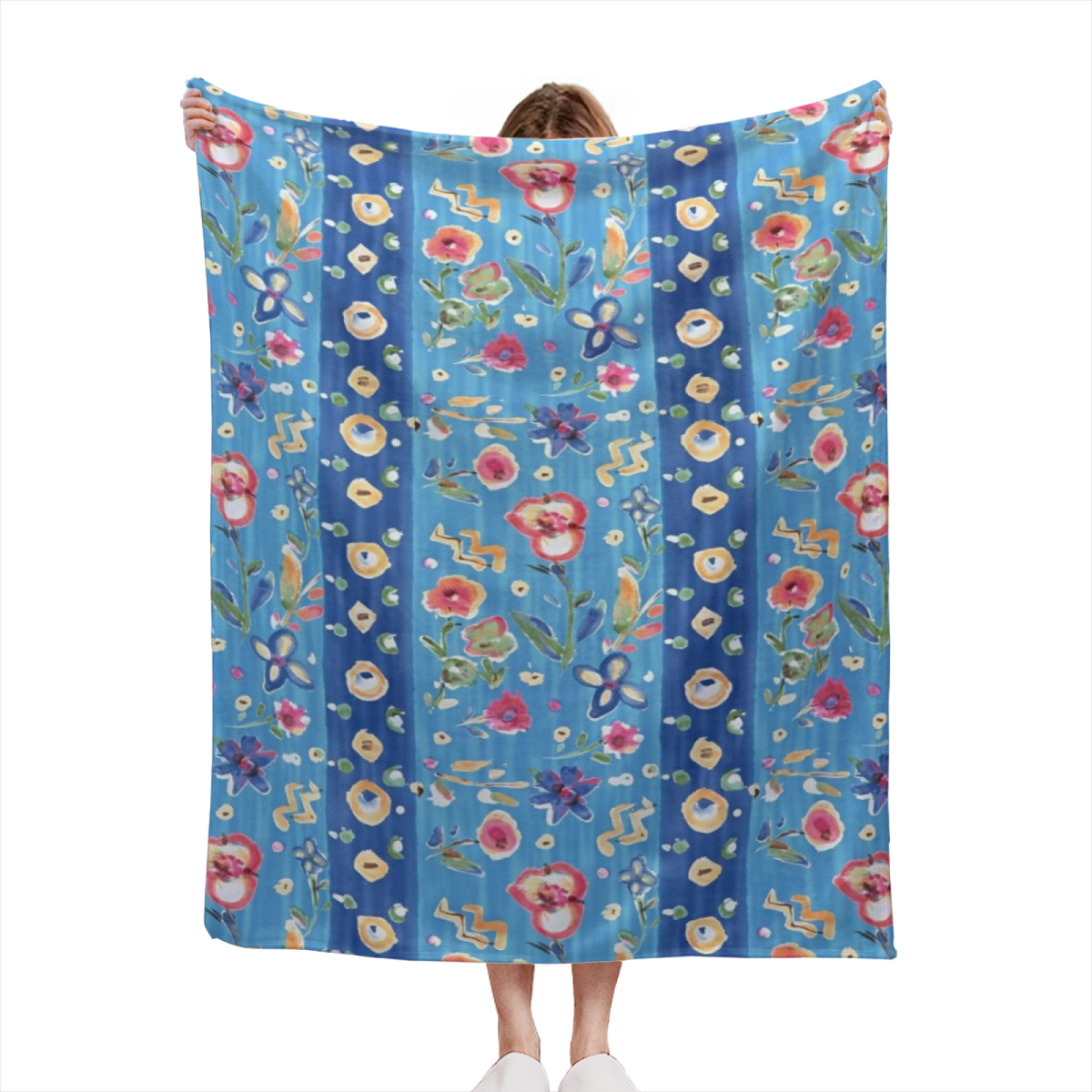Watercolor Treasure Expressive Print Cozy Flannel Bed Blanket in Powder Blue