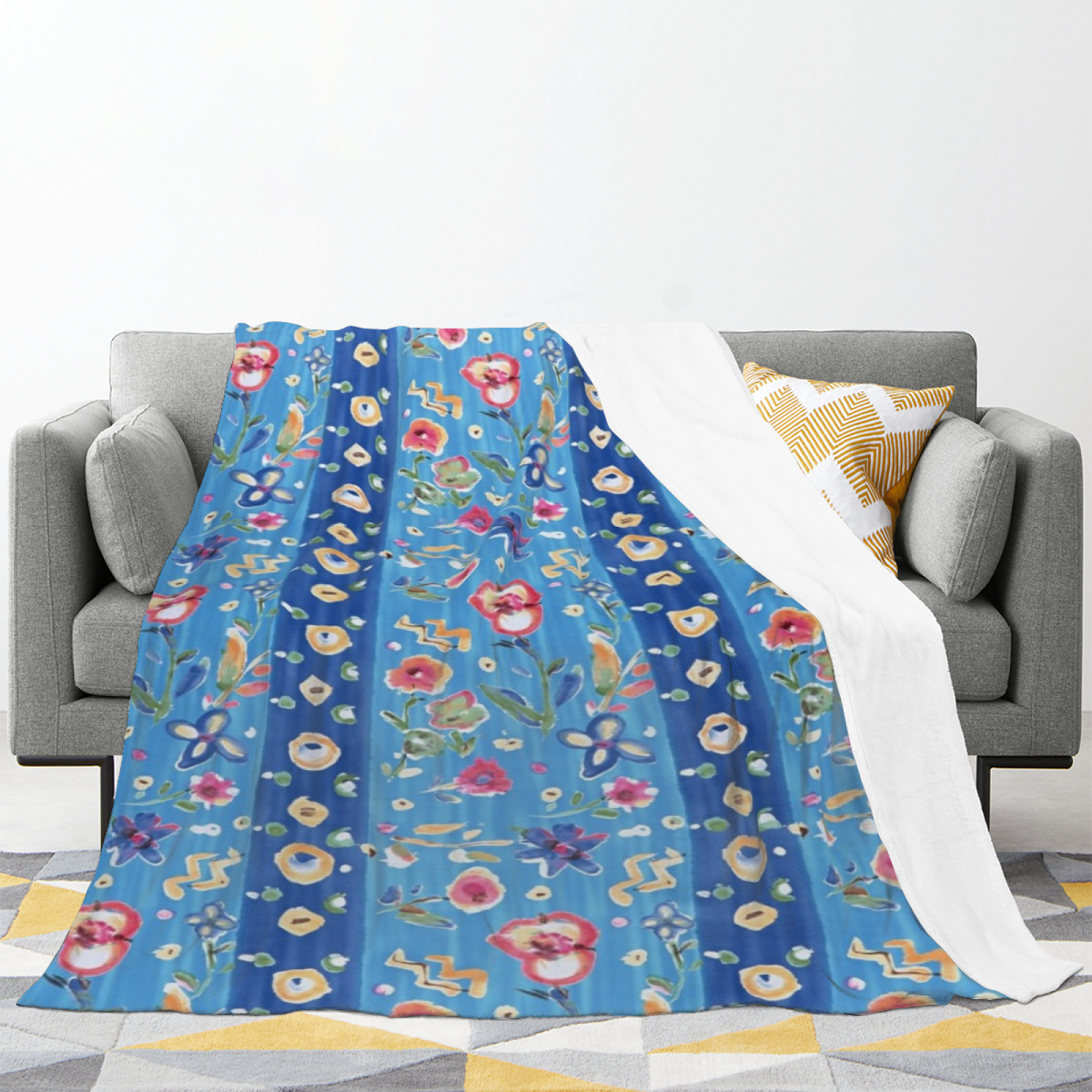 Watercolor Treasure Expressive Print Cozy Flannel Bed Blanket in Powder Blue