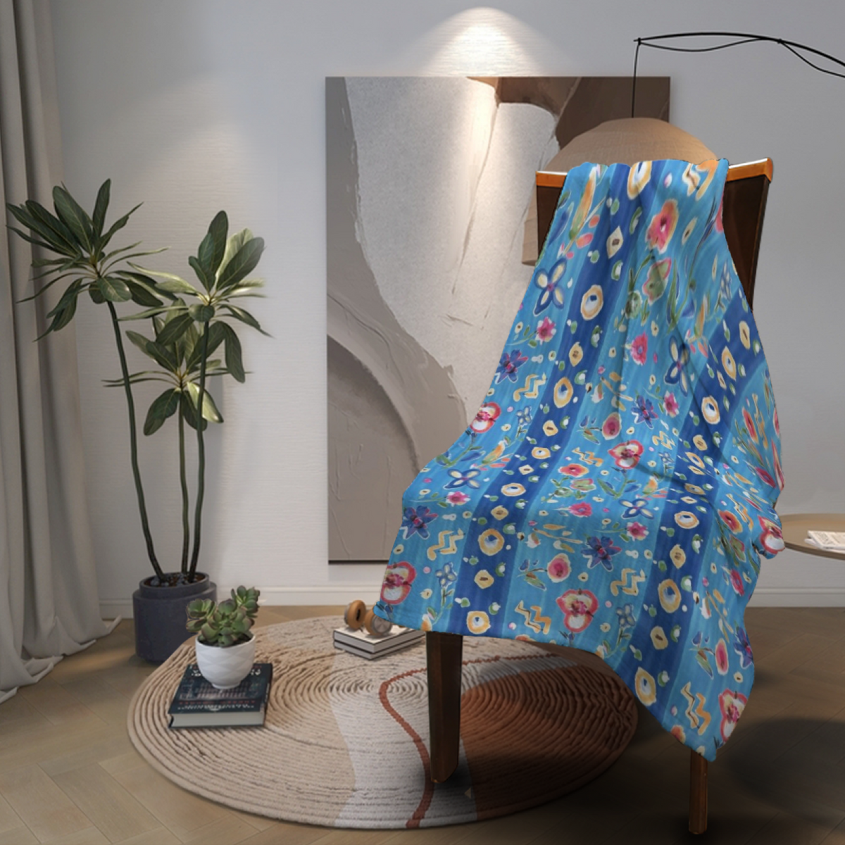 Watercolor Treasure Expressive Print Cozy Flannel Bed Blanket in Powder Blue