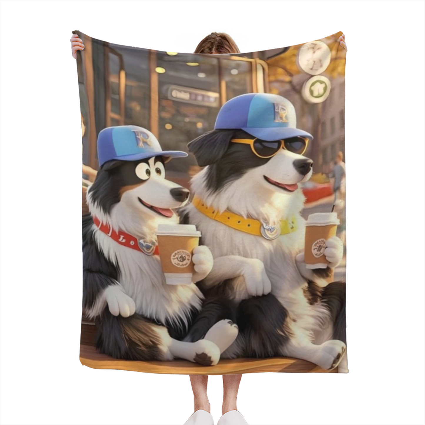 Cartoon Dogs Flannel Throw Blanket ¨C Coffee Shop Friends in Blue Caps