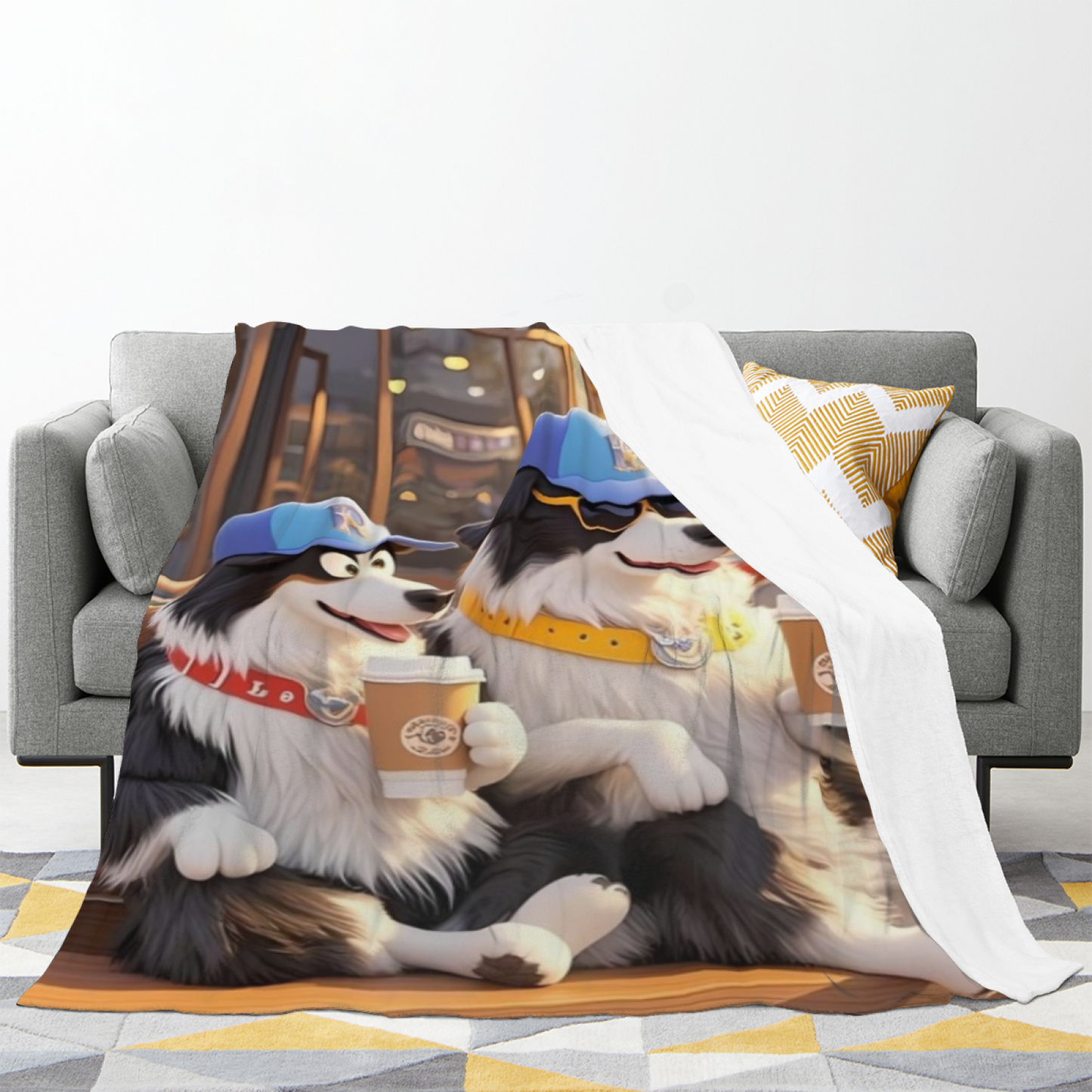 Cartoon Dogs Flannel Throw Blanket ¨C Coffee Shop Friends in Blue Caps