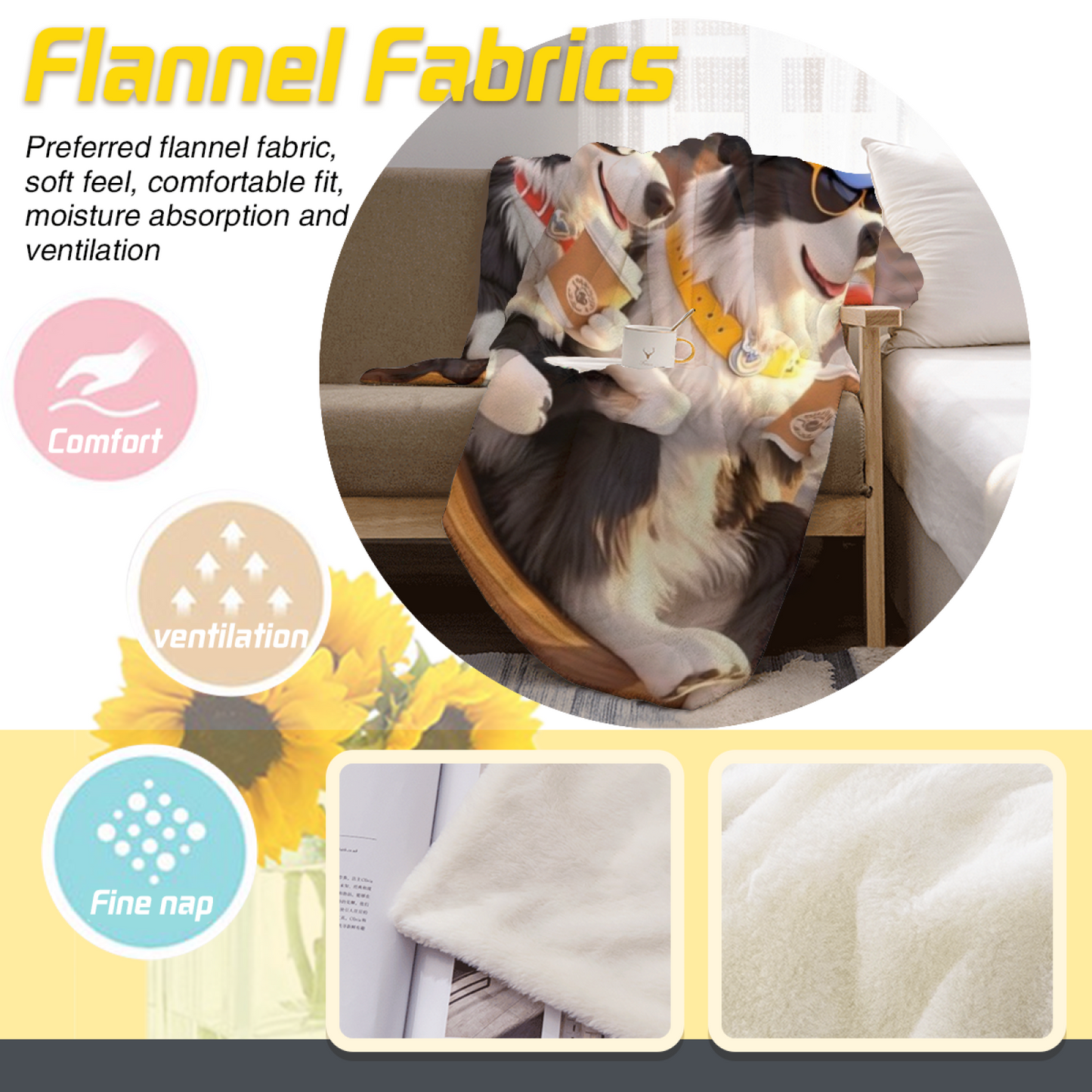Cartoon Dogs Flannel Throw Blanket ¨C Coffee Shop Friends in Blue Caps