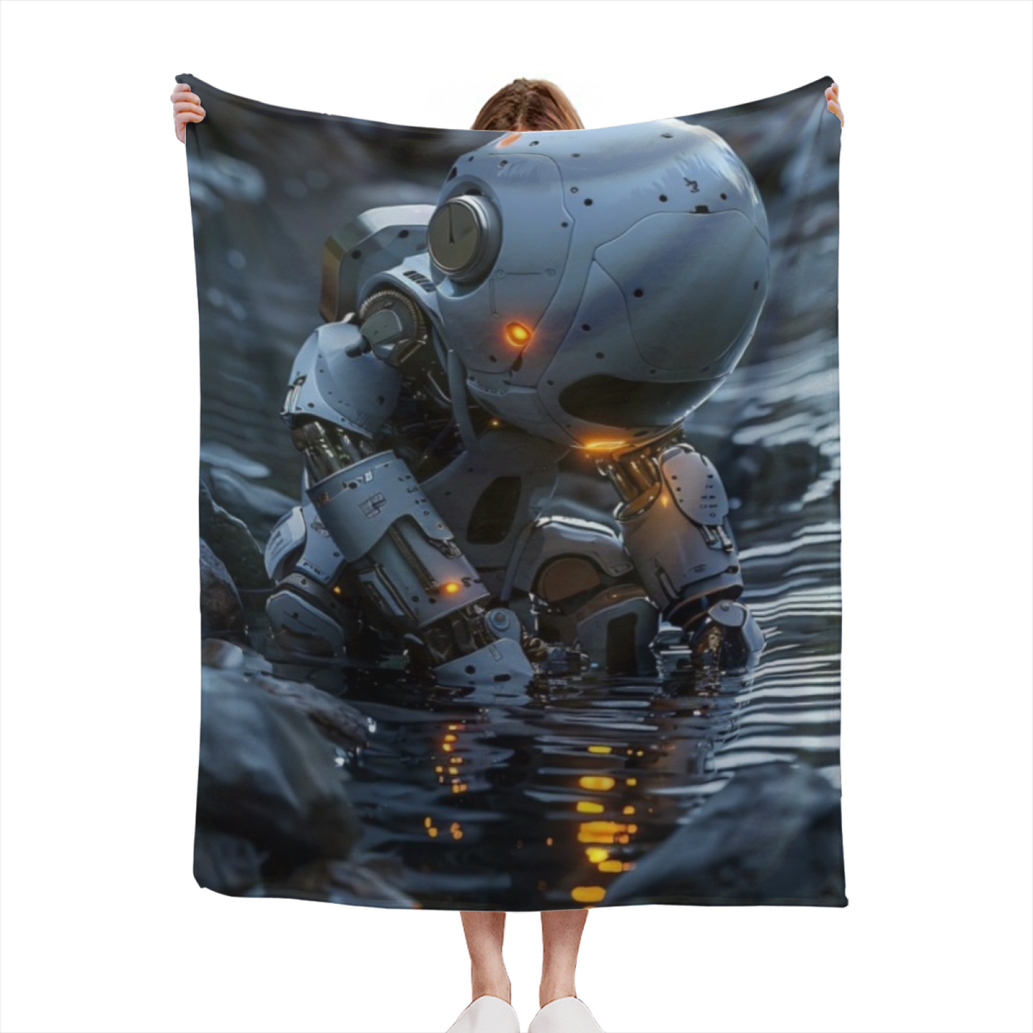 Futuristic Robot Flannel Throw Blanket ¨C Sci-Fi Explorer in Mountain Water