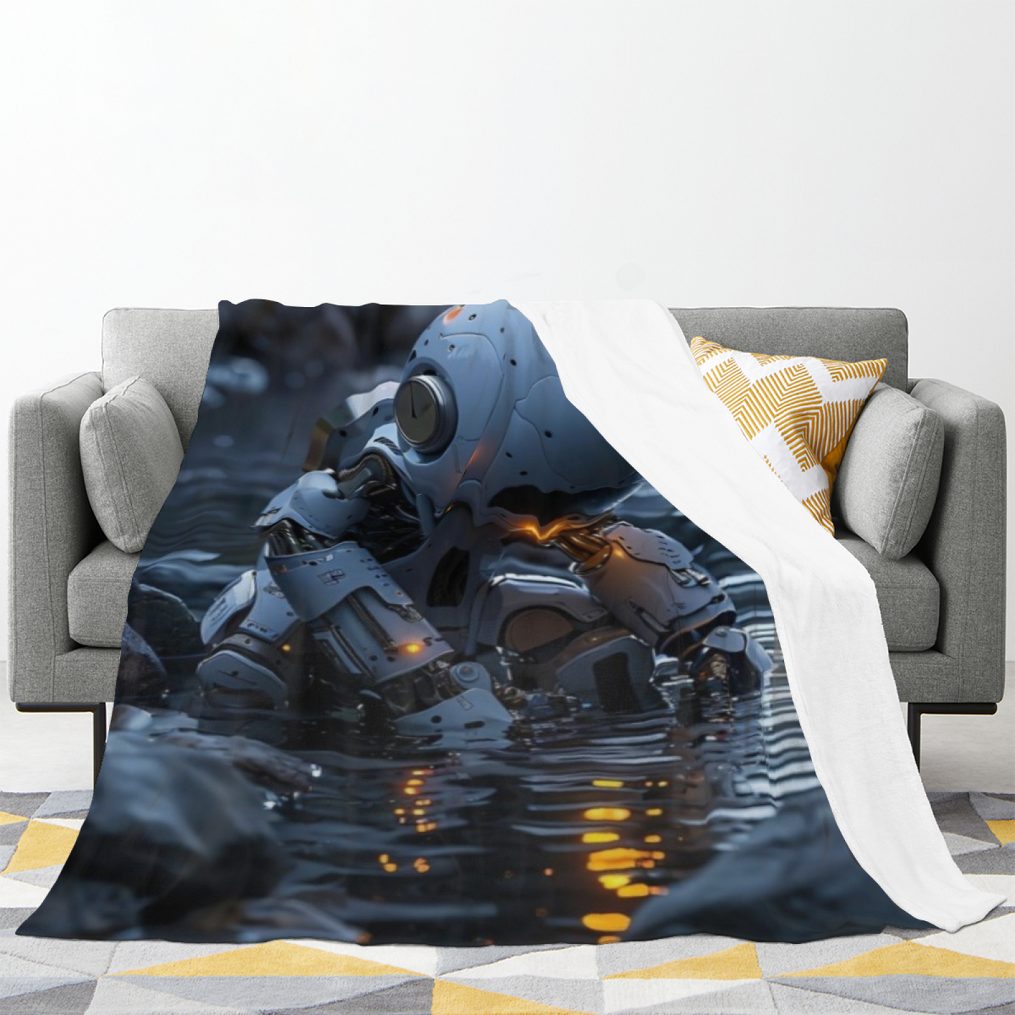 Futuristic Robot Flannel Throw Blanket ¨C Sci-Fi Explorer in Mountain Water