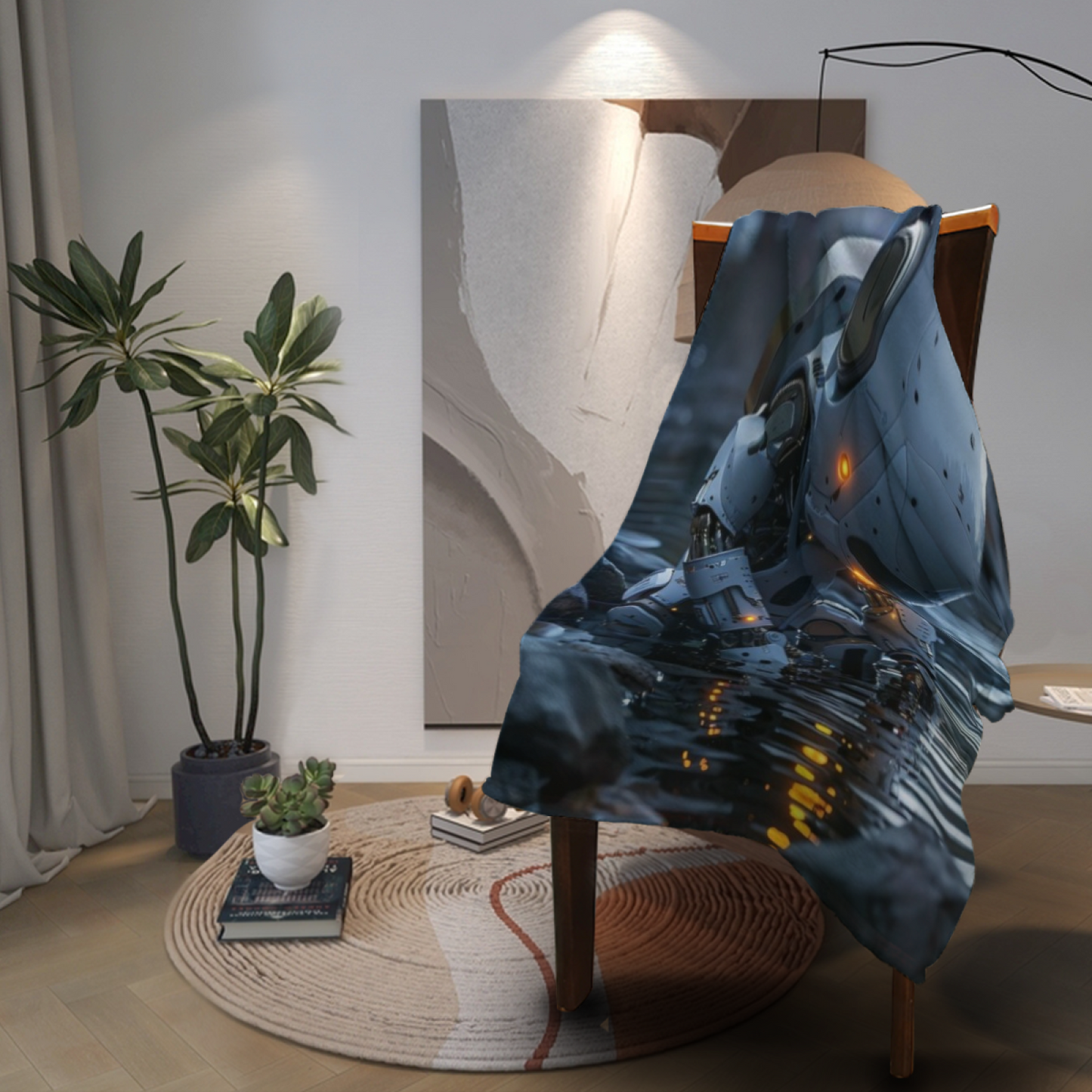 Futuristic Robot Flannel Throw Blanket ¨C Sci-Fi Explorer in Mountain Water