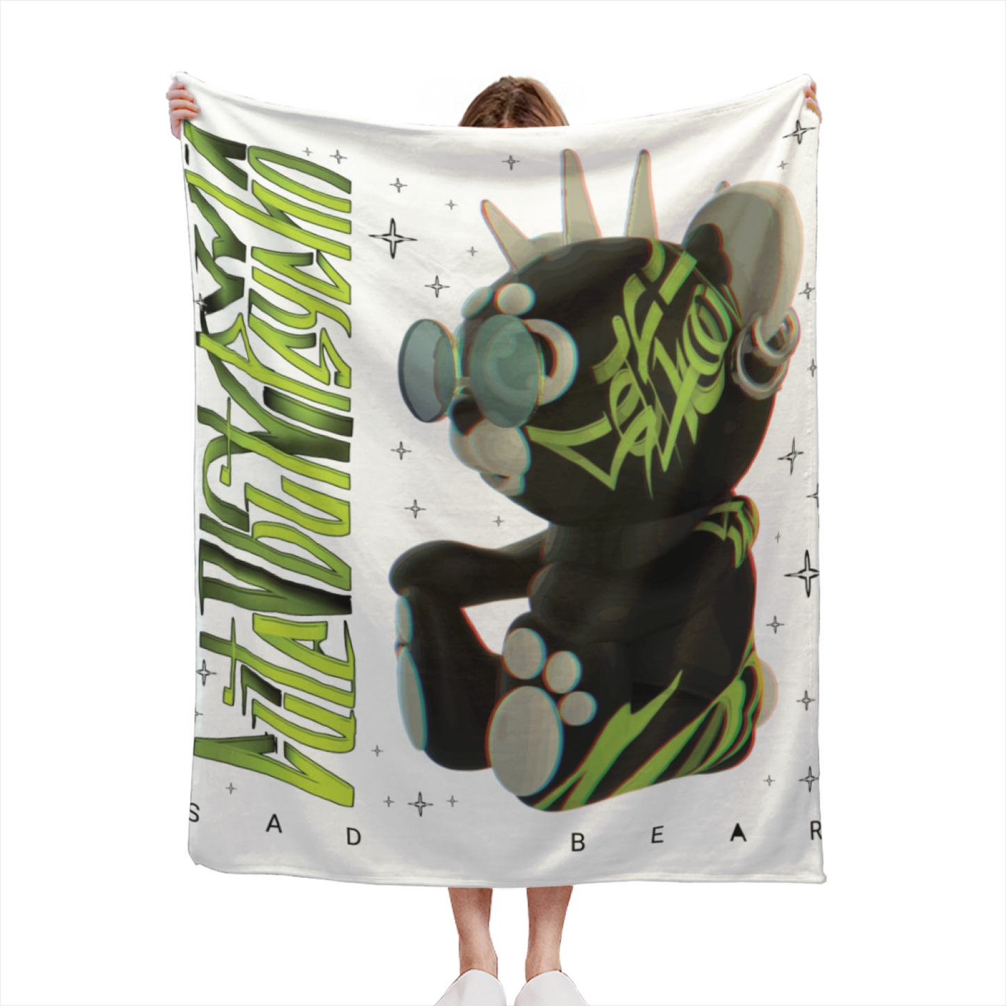 Retro Space Character Flannel Throw Blanket ¨C Black and Green Cartoon Graphic