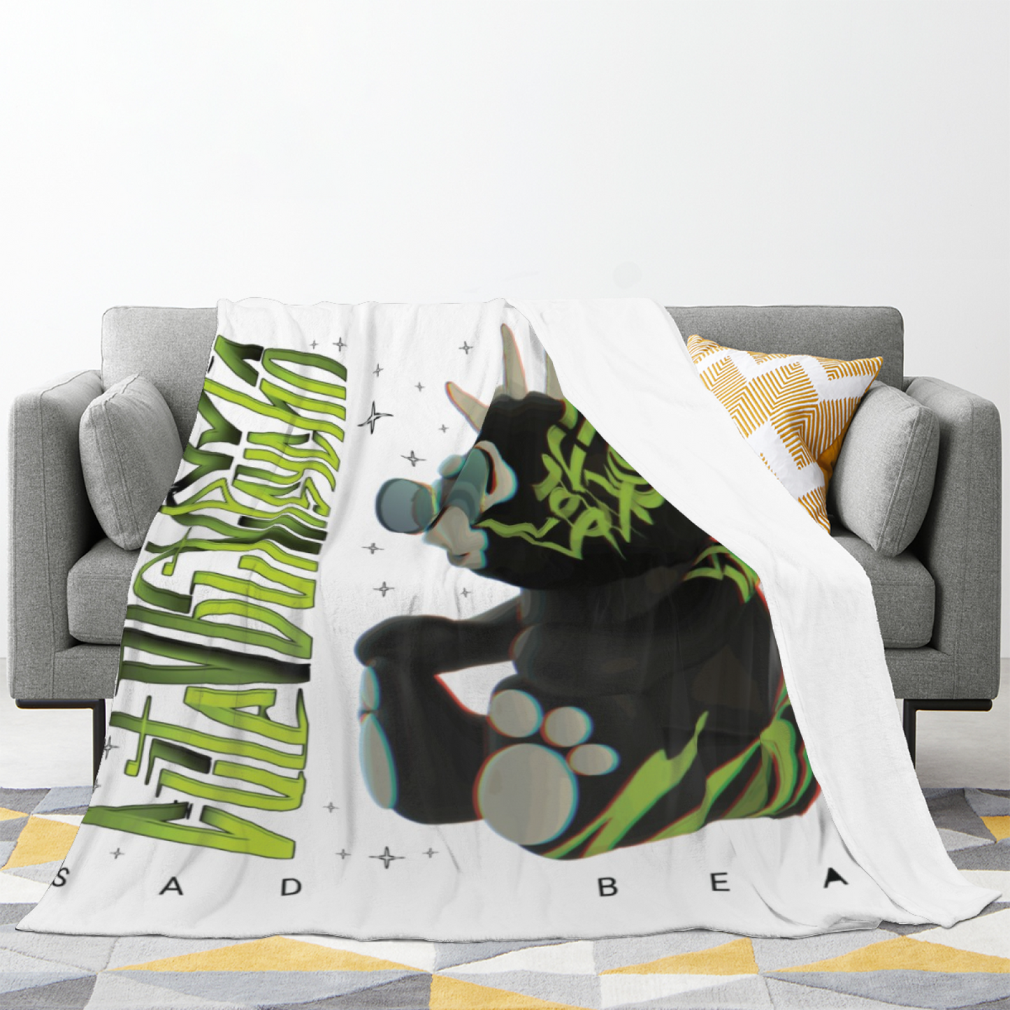 Retro Space Character Flannel Throw Blanket ¨C Black and Green Cartoon Graphic