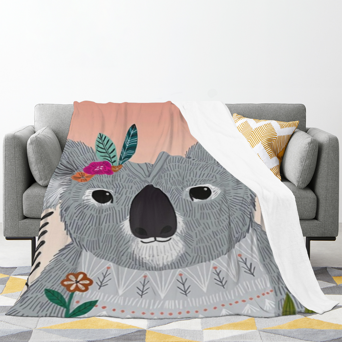 Soft Neutral Cobalt Trail Plush Flannel Throw
