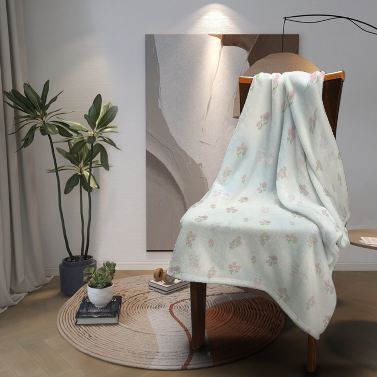 Aurora Mirage Expressive Print Cozy Flannel Bed Blanket in Creamy Ivory
