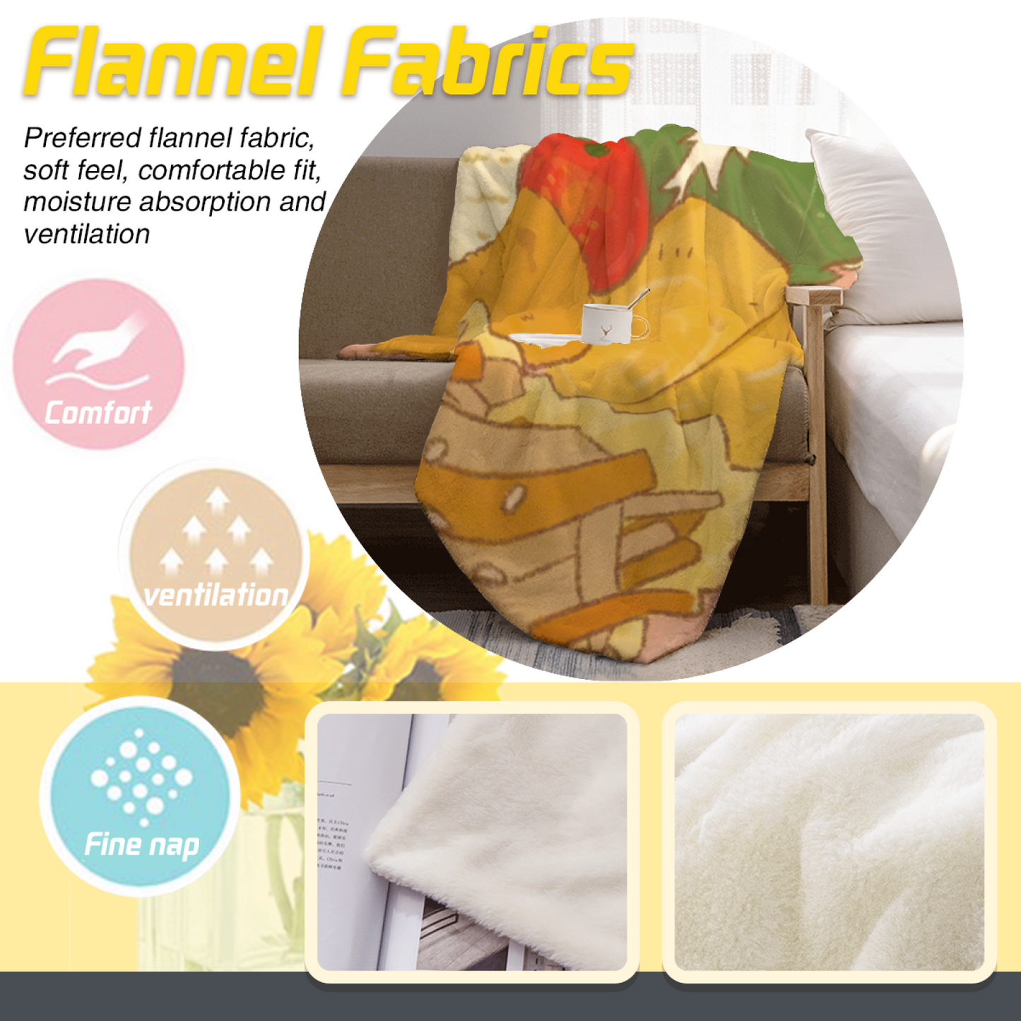 Yellow Breakfast Flannel Throw Blanket ¨C Cute Egg and Toast Illustration