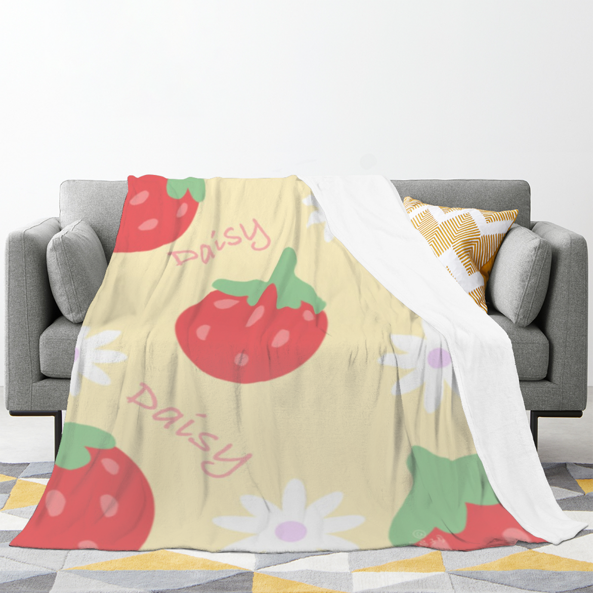 Daisy Strawberry Picnic Cozy Flannel Bed Blanket