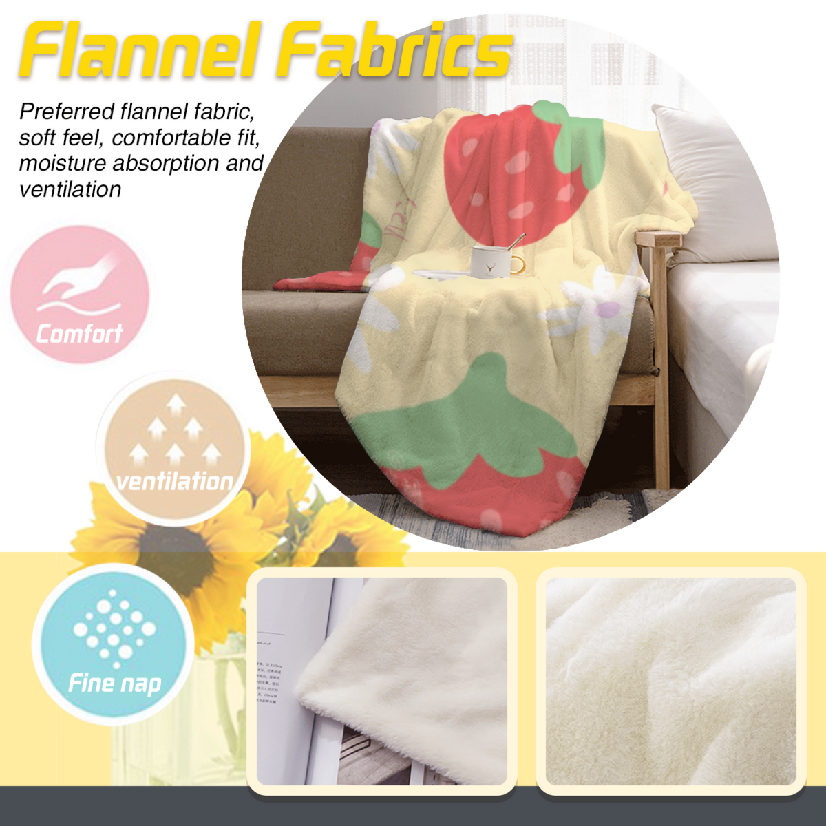 Daisy Strawberry Picnic Cozy Flannel Bed Blanket