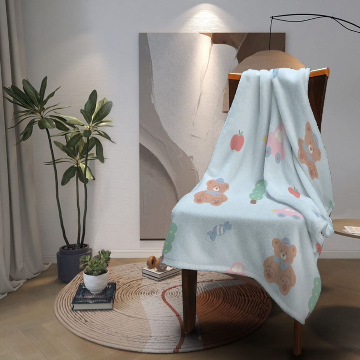 Hazy Mosaic Expressive Print Cozy Flannel Bed Blanket in Creamy Ivory