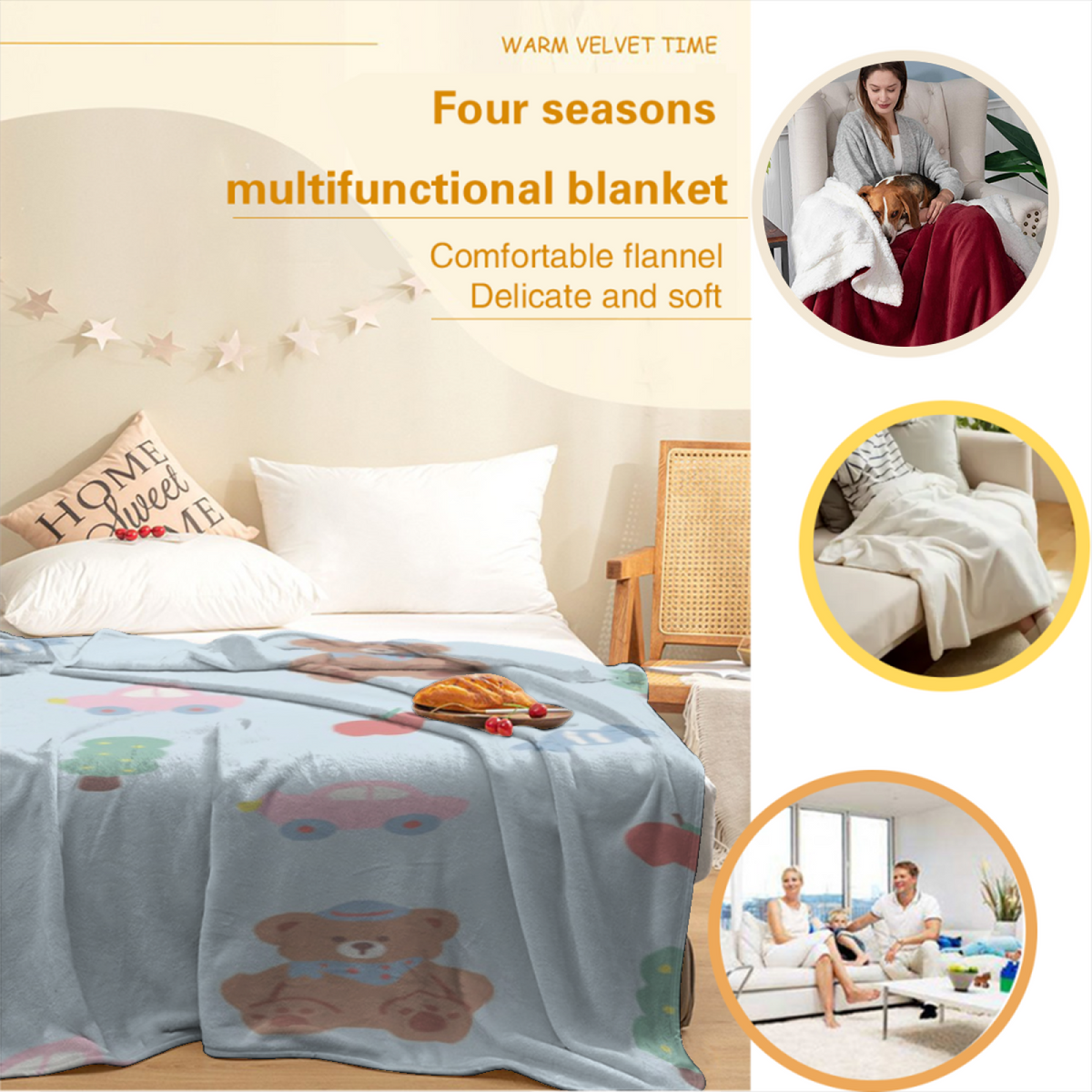 Hazy Mosaic Expressive Print Cozy Flannel Bed Blanket in Creamy Ivory