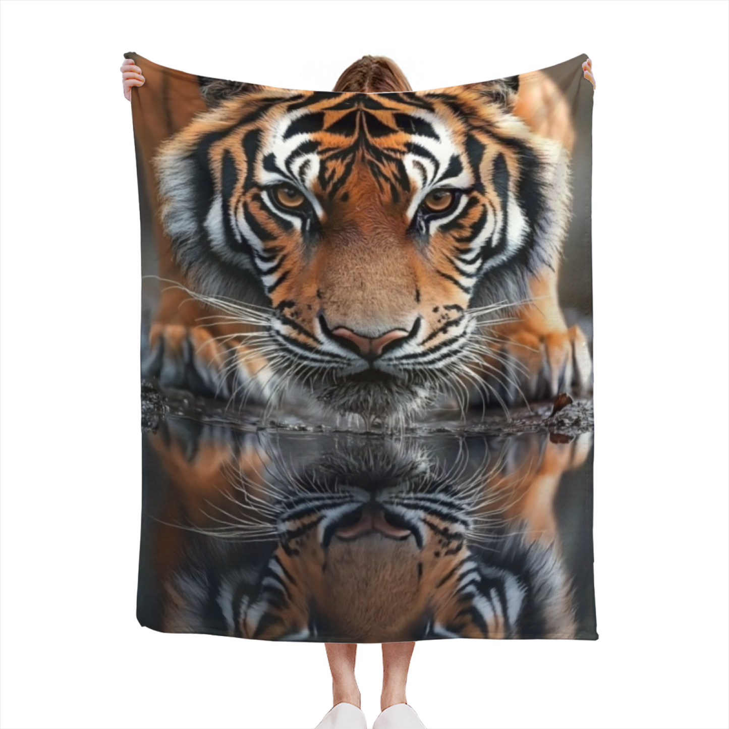 Tiger Reflection Flannel Throw Blanket ¨C Dramatic Big Cat Water Scene