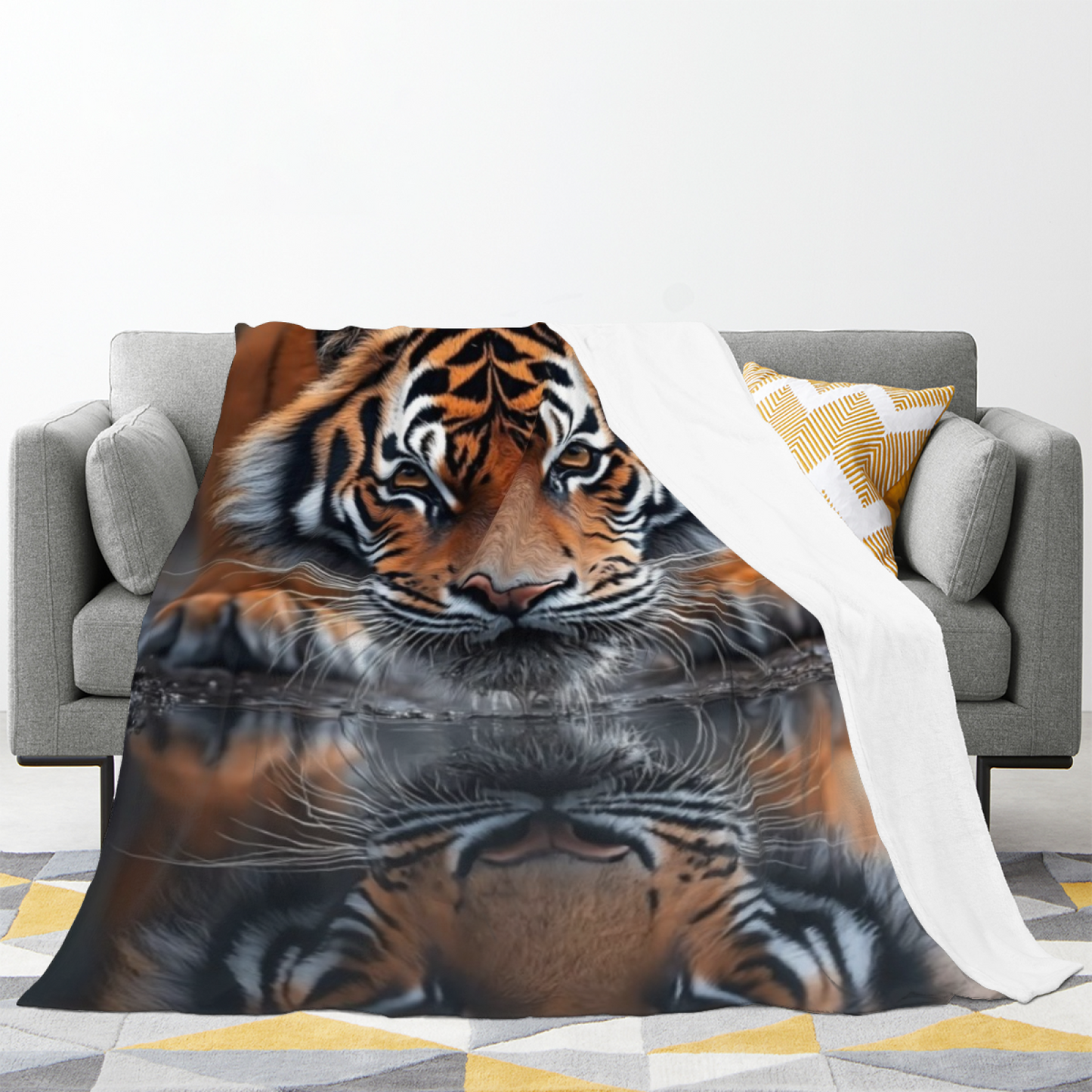 Tiger Reflection Flannel Throw Blanket ¨C Dramatic Big Cat Water Scene