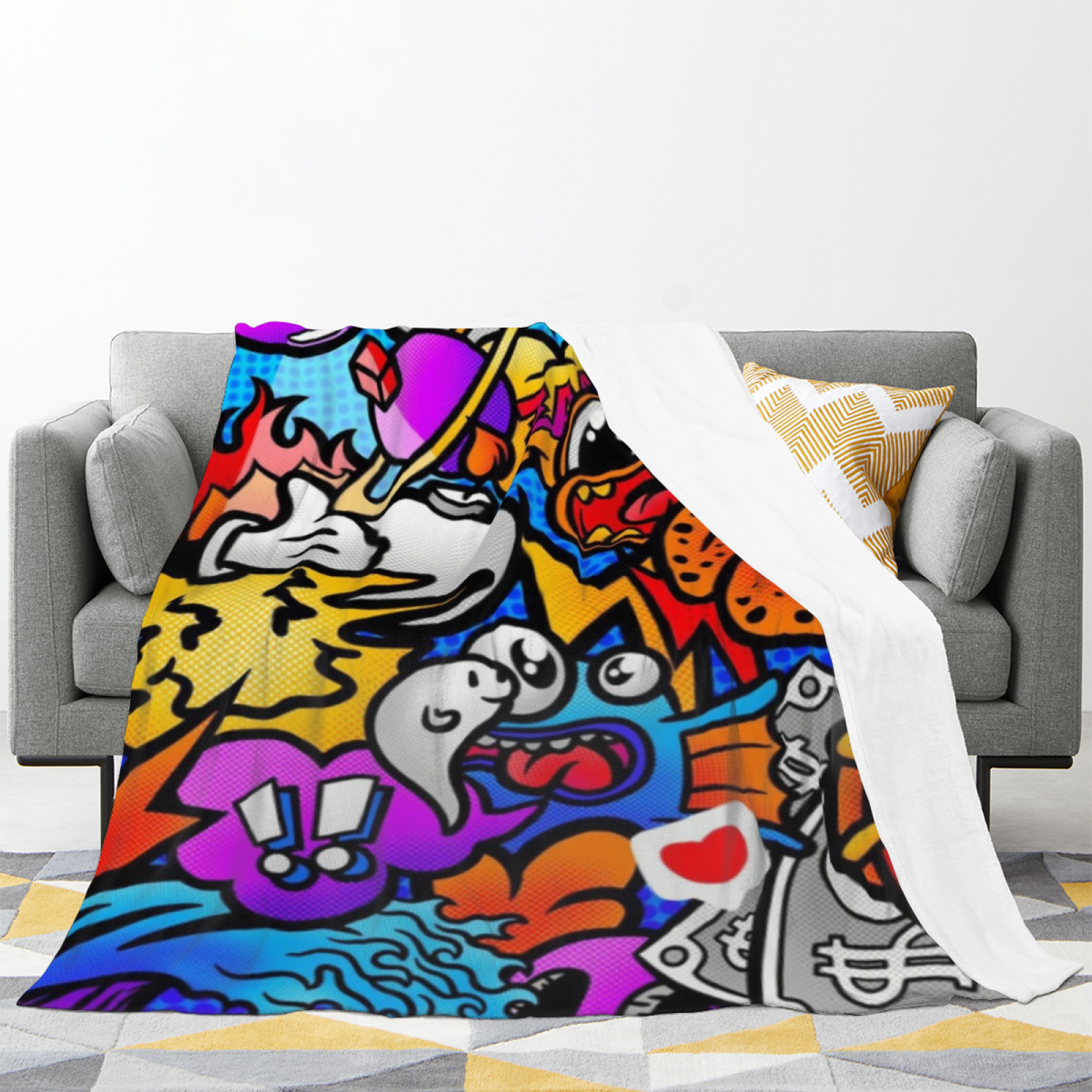 Opaline Harbor Expressive Print Flannel Sofa Throw in Rich Multicolor