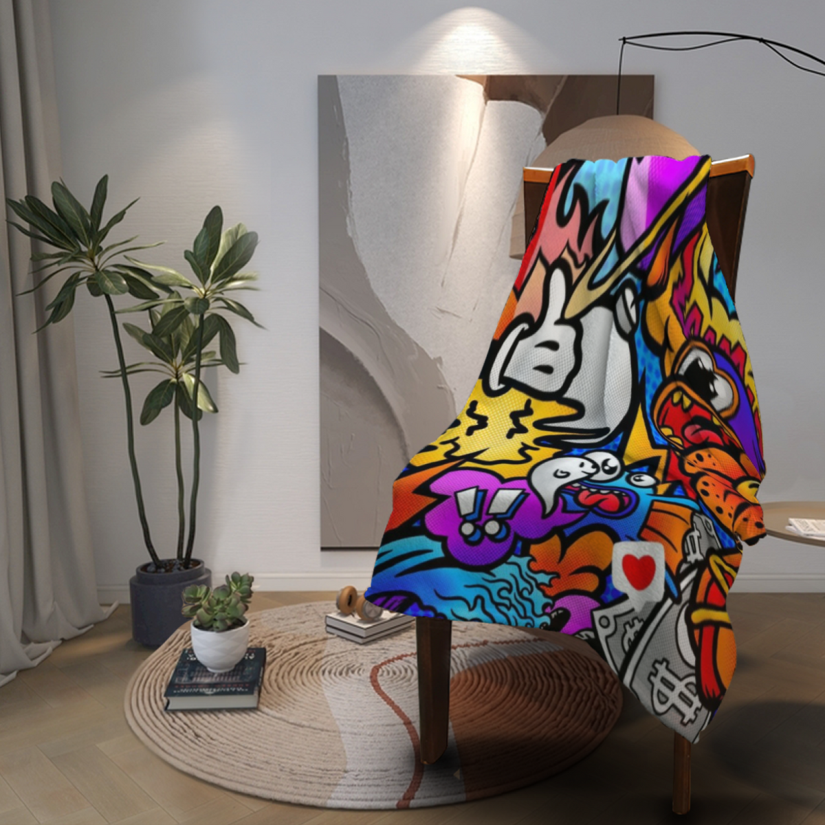 Opaline Harbor Expressive Print Flannel Sofa Throw in Rich Multicolor