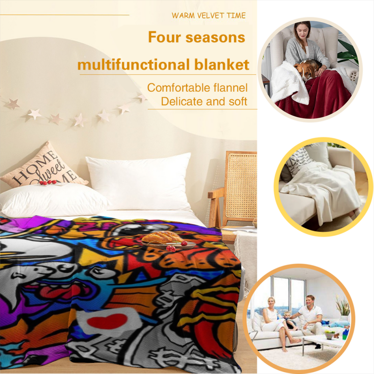 Opaline Harbor Expressive Print Flannel Sofa Throw in Rich Multicolor