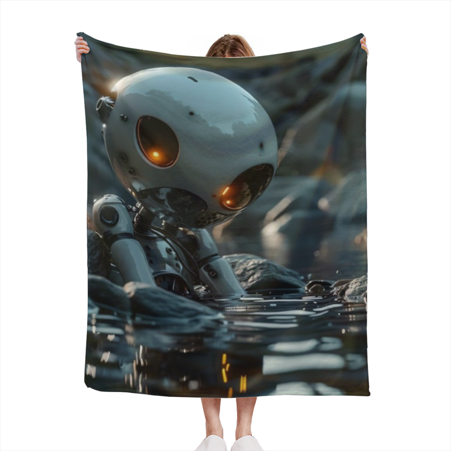 Futuristic Robot Flannel Throw Blanket ¨C Cinematic Sci-Fi Water Adventure