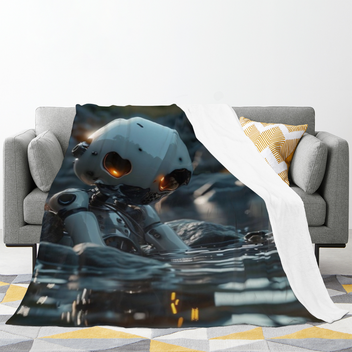 Futuristic Robot Flannel Throw Blanket ¨C Cinematic Sci-Fi Water Adventure