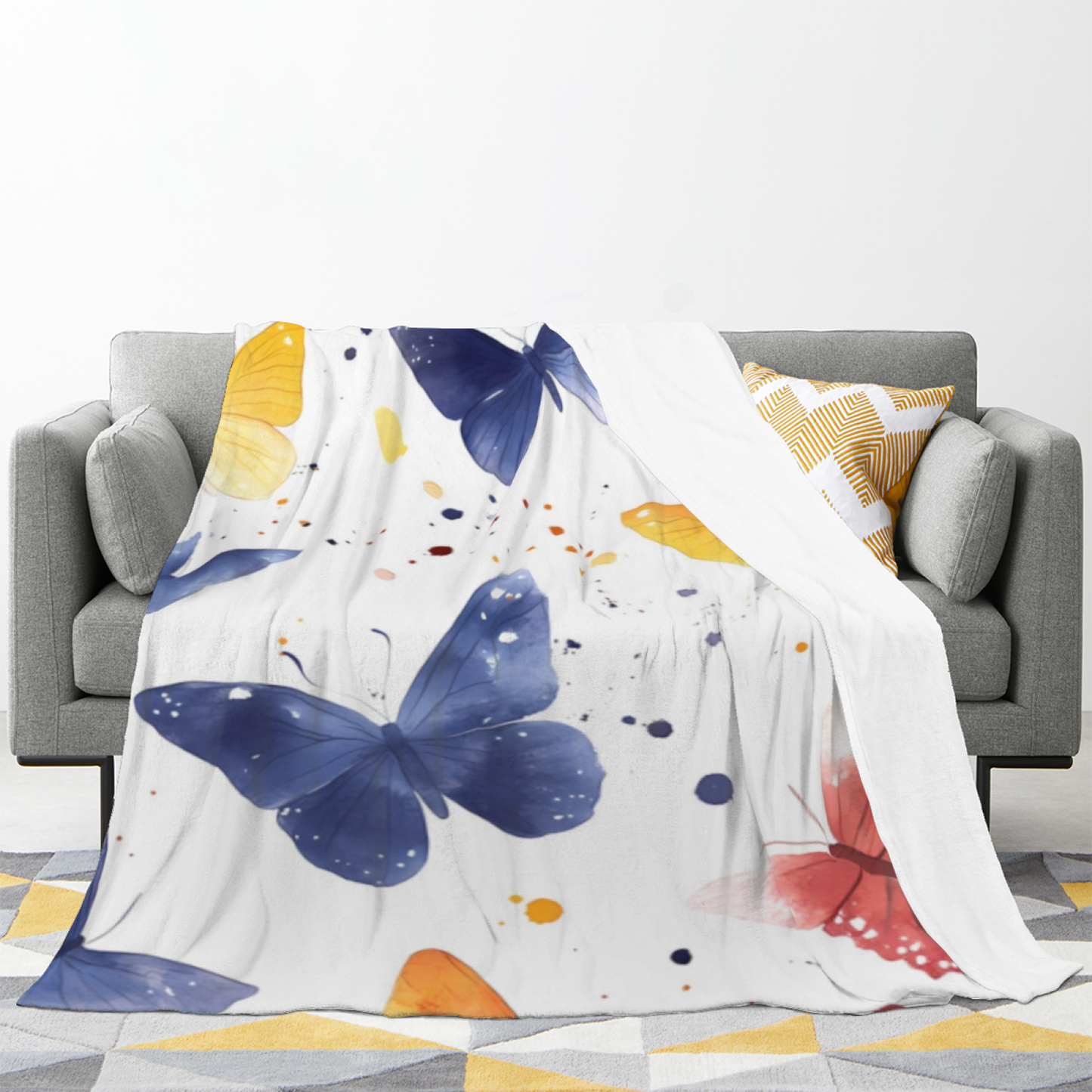 Watercolor Butterfly Flannel Throw Blanket ¨C Blue and Yellow Butterfly Print