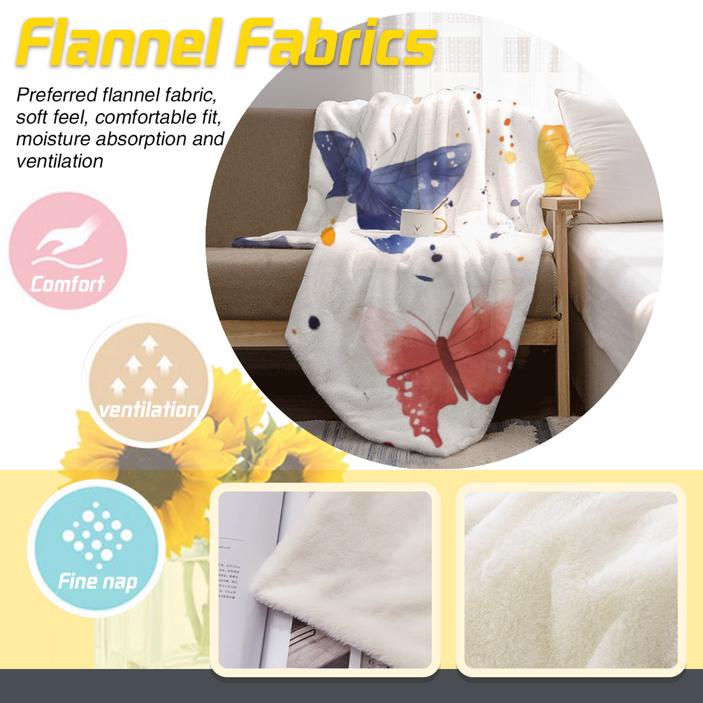 Watercolor Butterfly Flannel Throw Blanket ¨C Blue and Yellow Butterfly Print