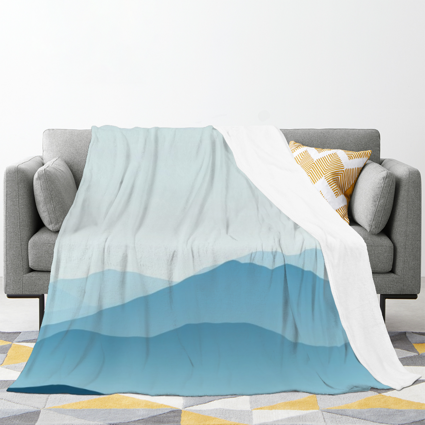 Minimal Mountain Landscape Flannel Throw Blanket ¨C Soft Blue Layered Peaks