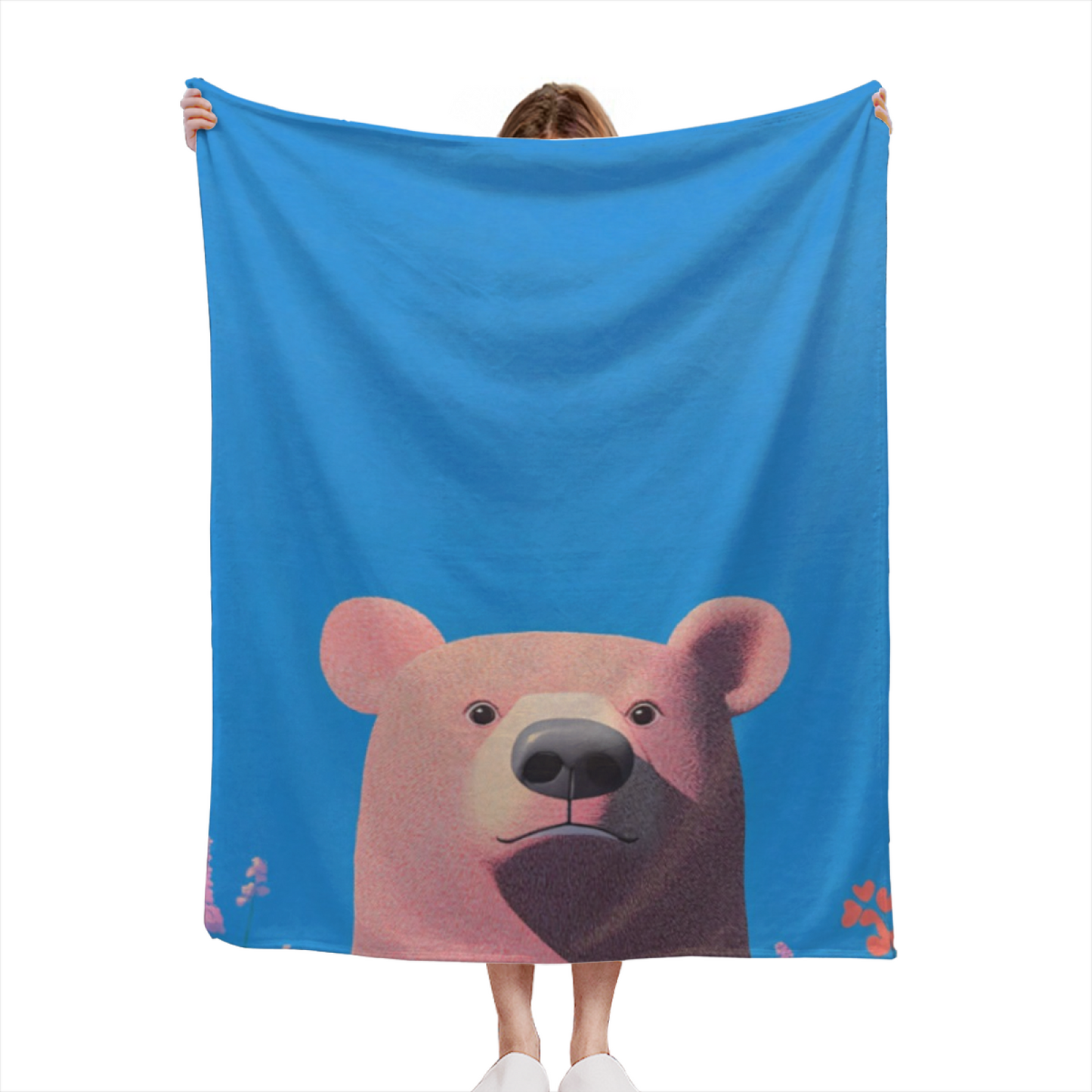 Cute Brown Bear Flannel Throw Blanket ¨C Blue Background Cartoon Animal Design