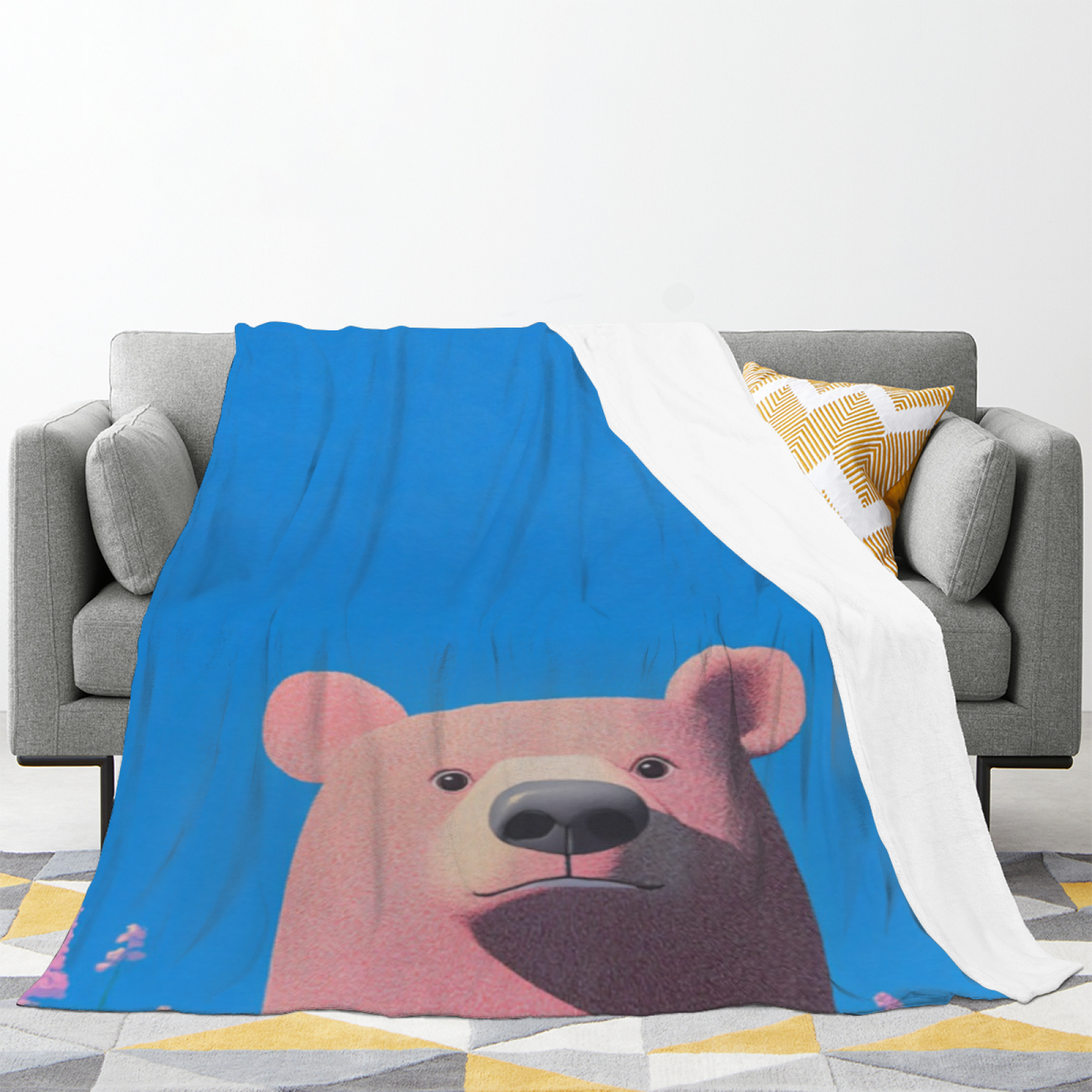 Cute Brown Bear Flannel Throw Blanket ¨C Blue Background Cartoon Animal Design