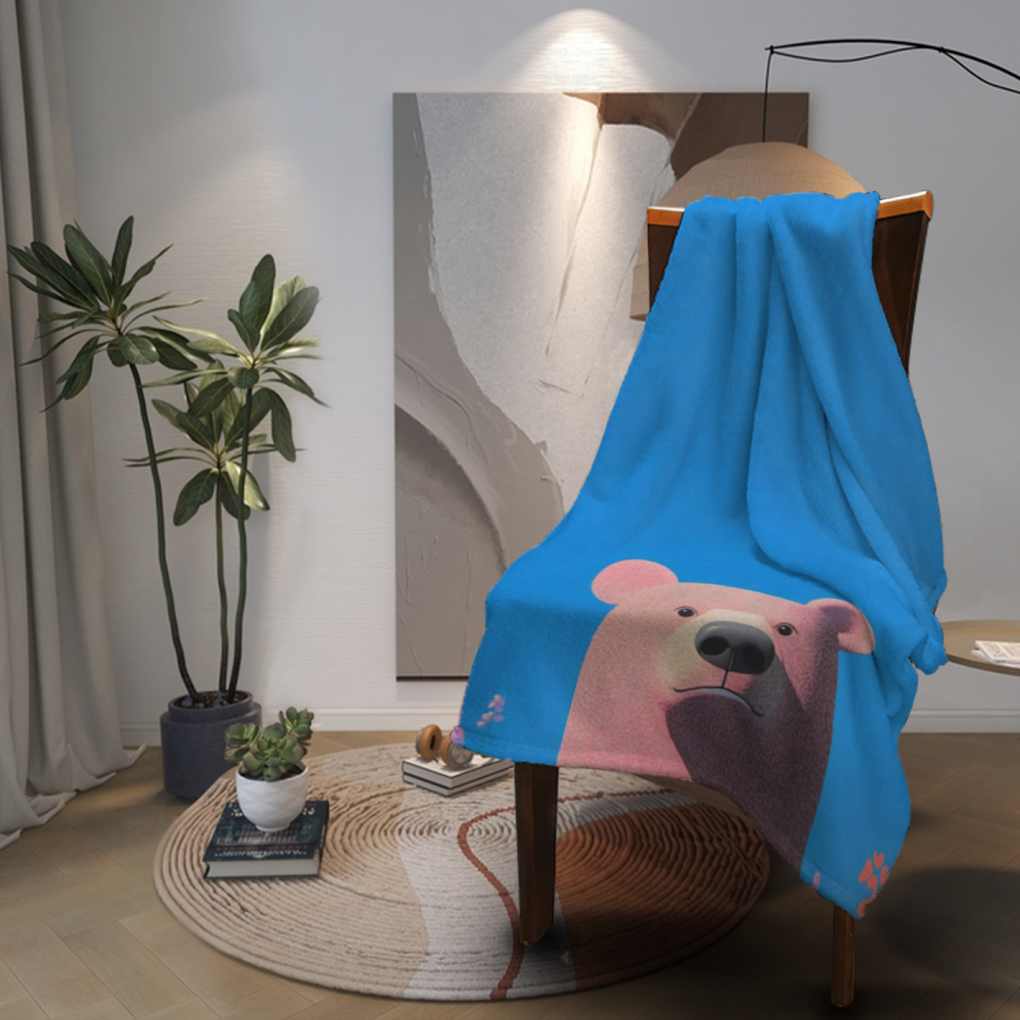 Cute Brown Bear Flannel Throw Blanket ¨C Blue Background Cartoon Animal Design