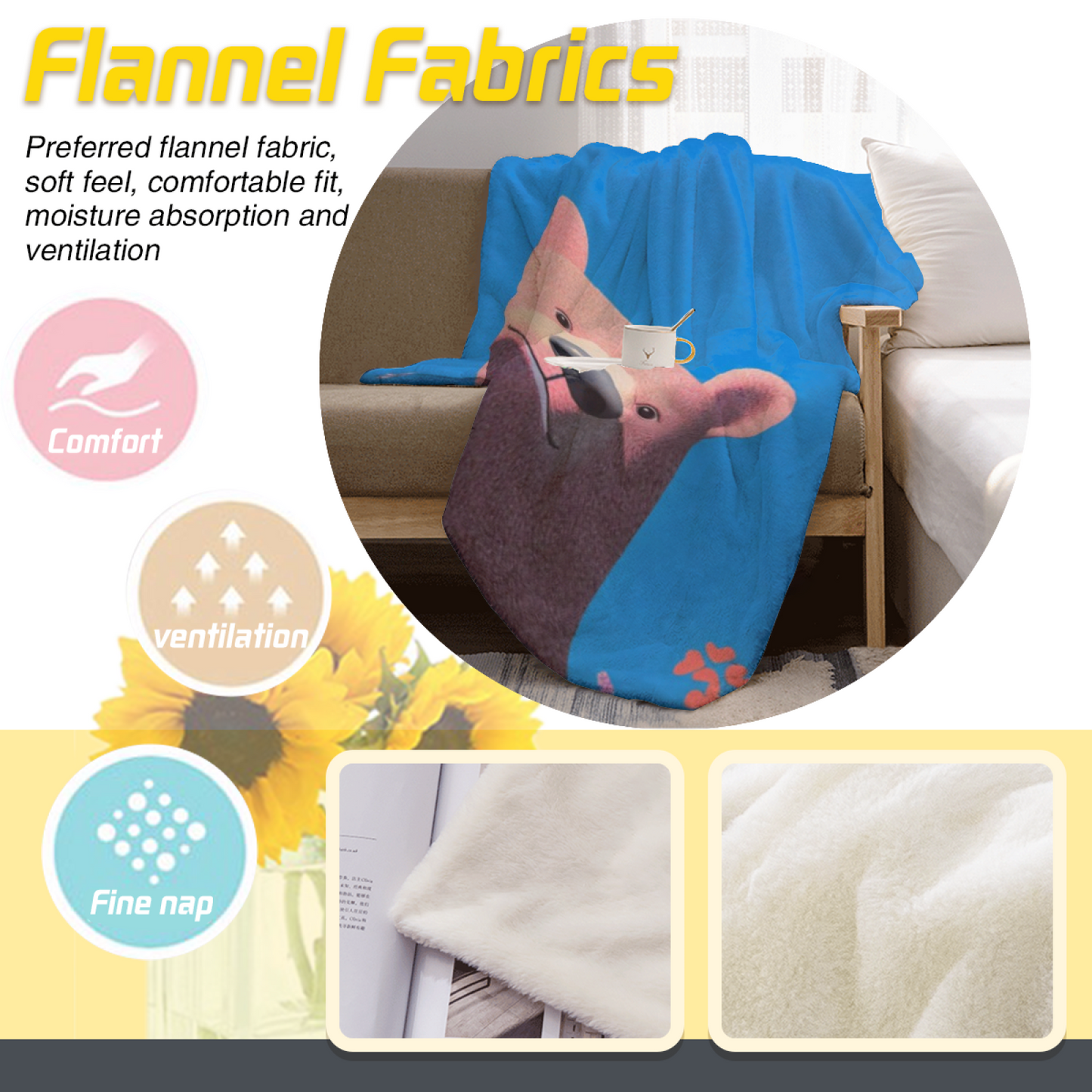 Cute Brown Bear Flannel Throw Blanket ¨C Blue Background Cartoon Animal Design