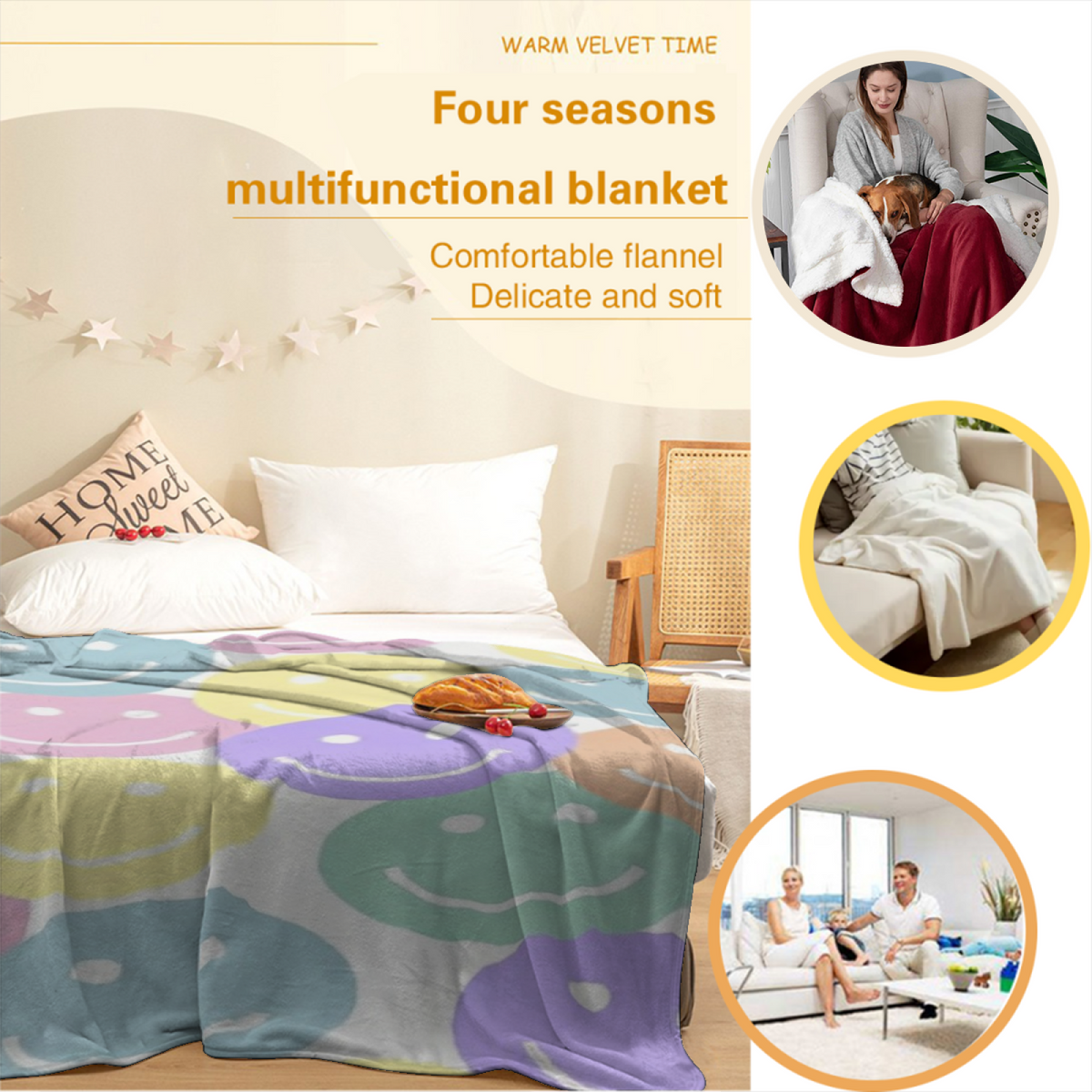 Pastel Happy Face Bubble Plush Flannel Throw