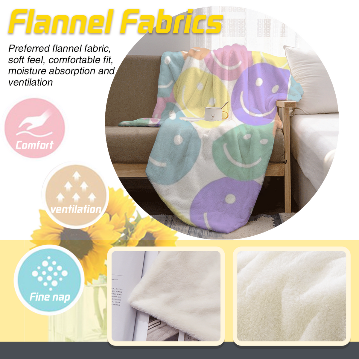 Pastel Happy Face Bubble Plush Flannel Throw