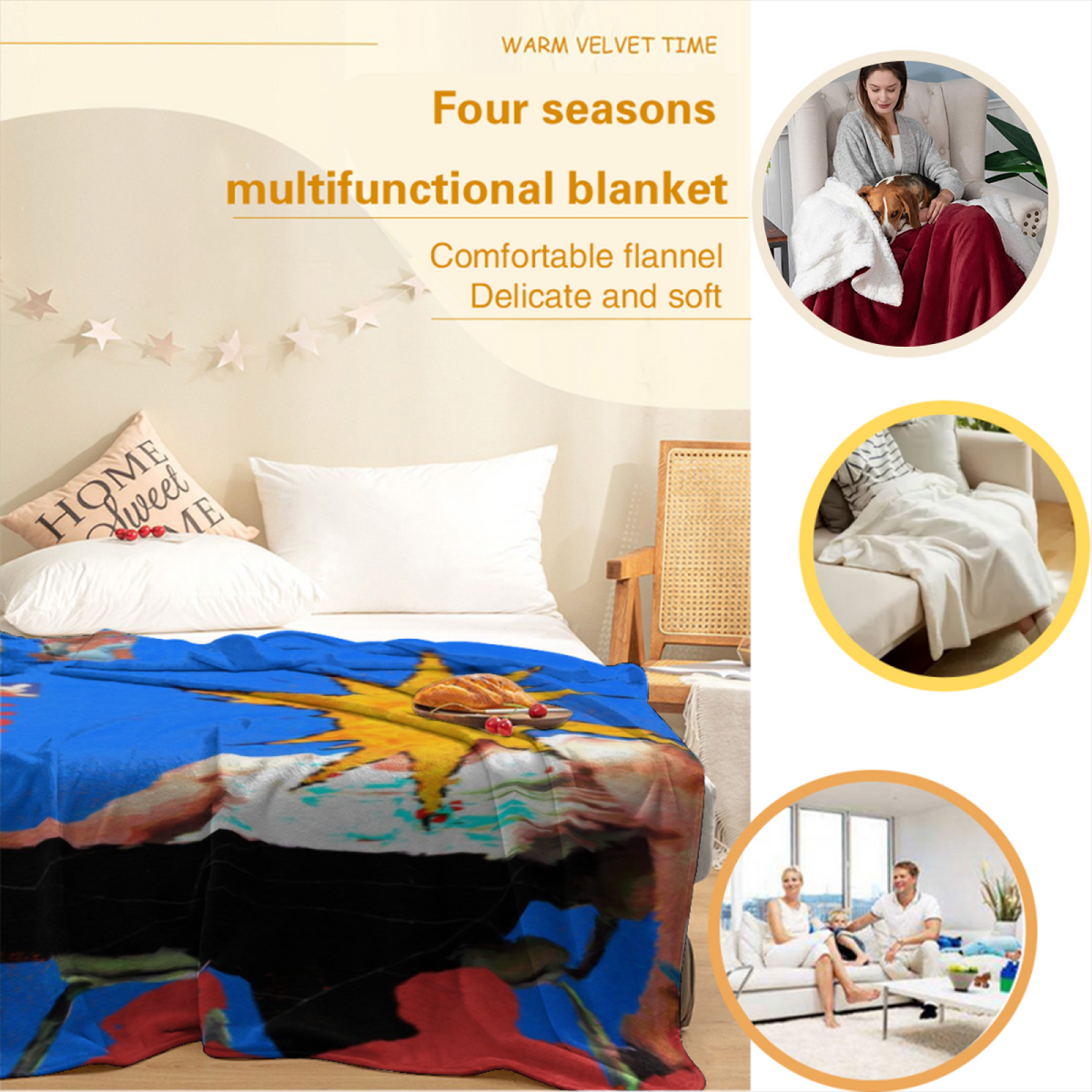 Marigold Horizon Inspired Flannel Sofa Throw ¨C Deep Ocean Palette