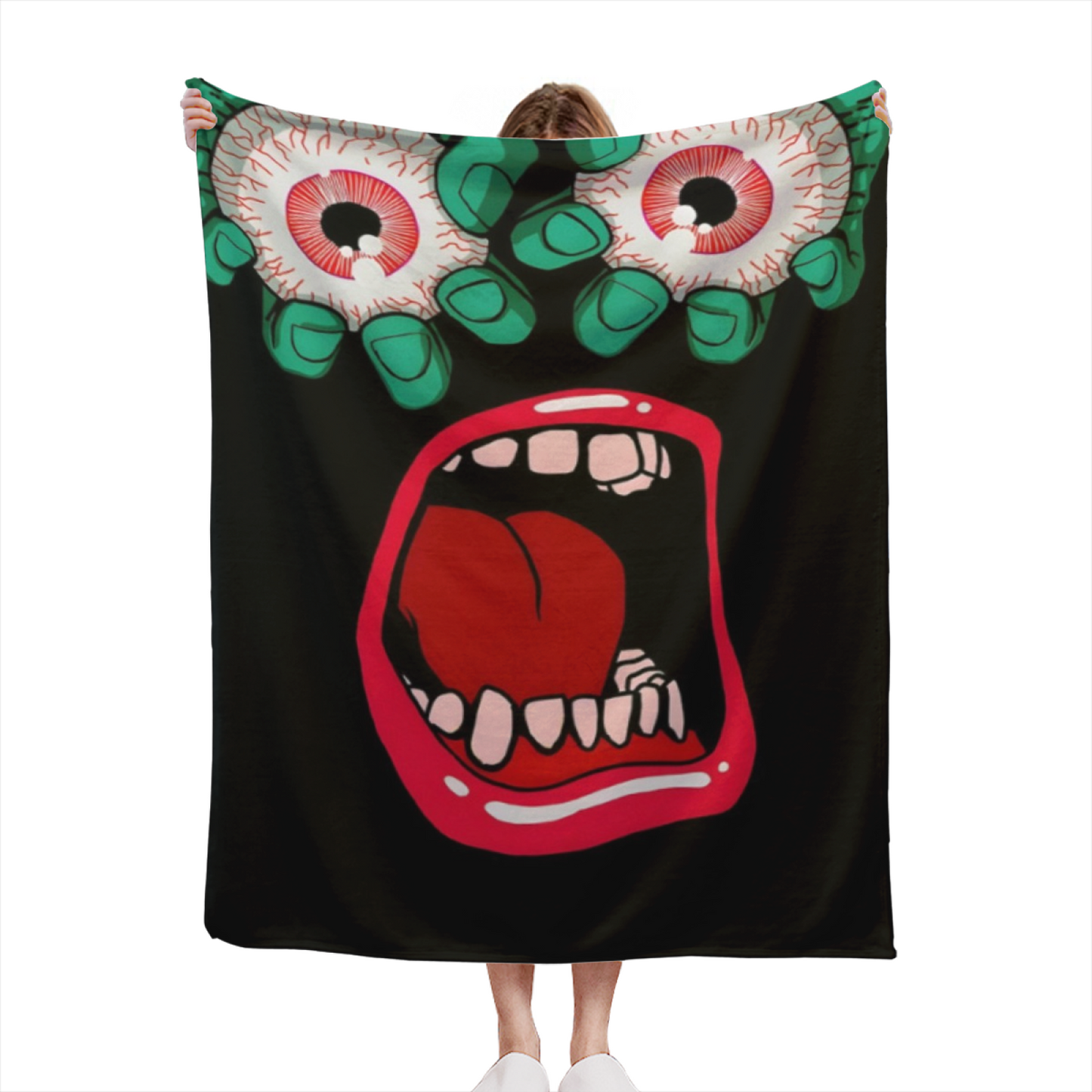 Creepy Eyeballs and Open Mouth Flannel Throw Blanket ¨C Green and Red Horror Graphic