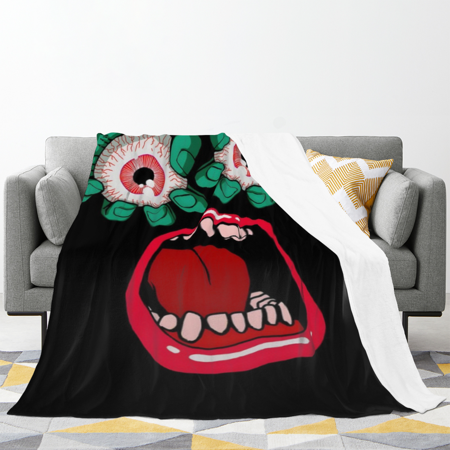 Creepy Eyeballs and Open Mouth Flannel Throw Blanket ¨C Green and Red Horror Graphic
