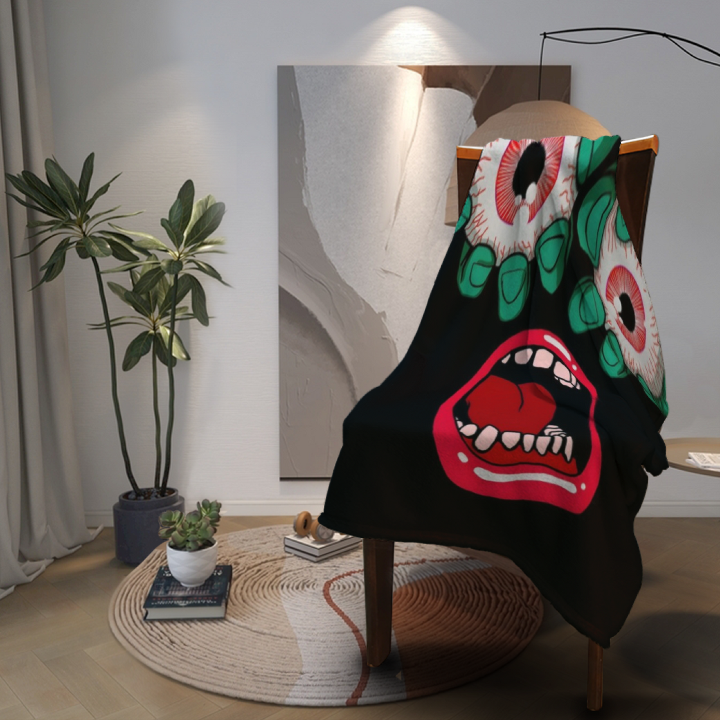 Creepy Eyeballs and Open Mouth Flannel Throw Blanket ¨C Green and Red Horror Graphic