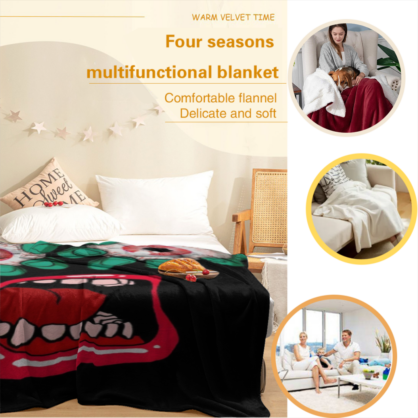 Creepy Eyeballs and Open Mouth Flannel Throw Blanket ¨C Green and Red Horror Graphic