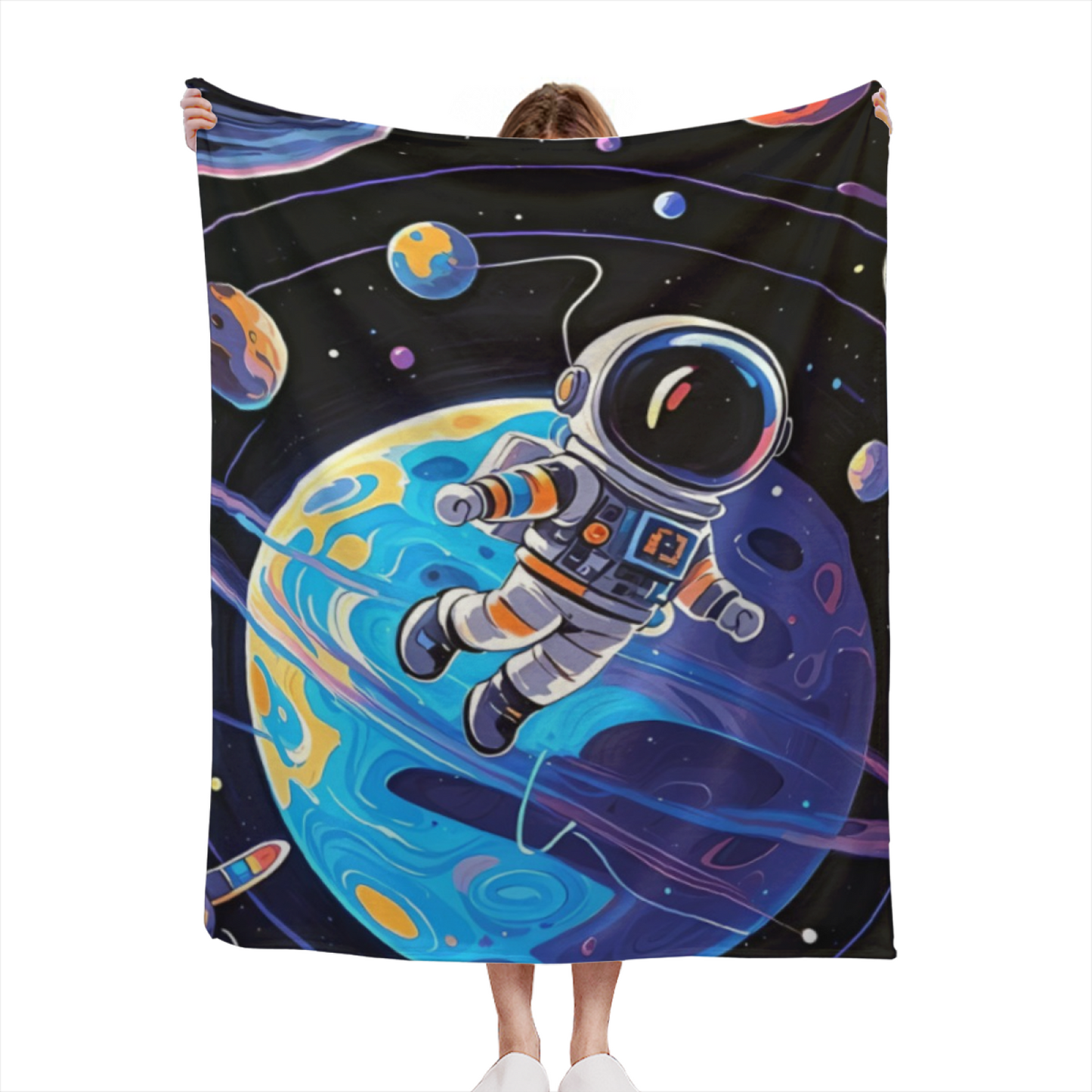Space Astronaut Flannel Throw Blanket ¨C Colorful Planet and Orbit Illustration