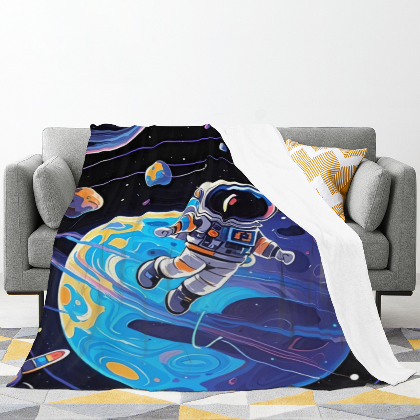 Space Astronaut Flannel Throw Blanket ¨C Colorful Planet and Orbit Illustration